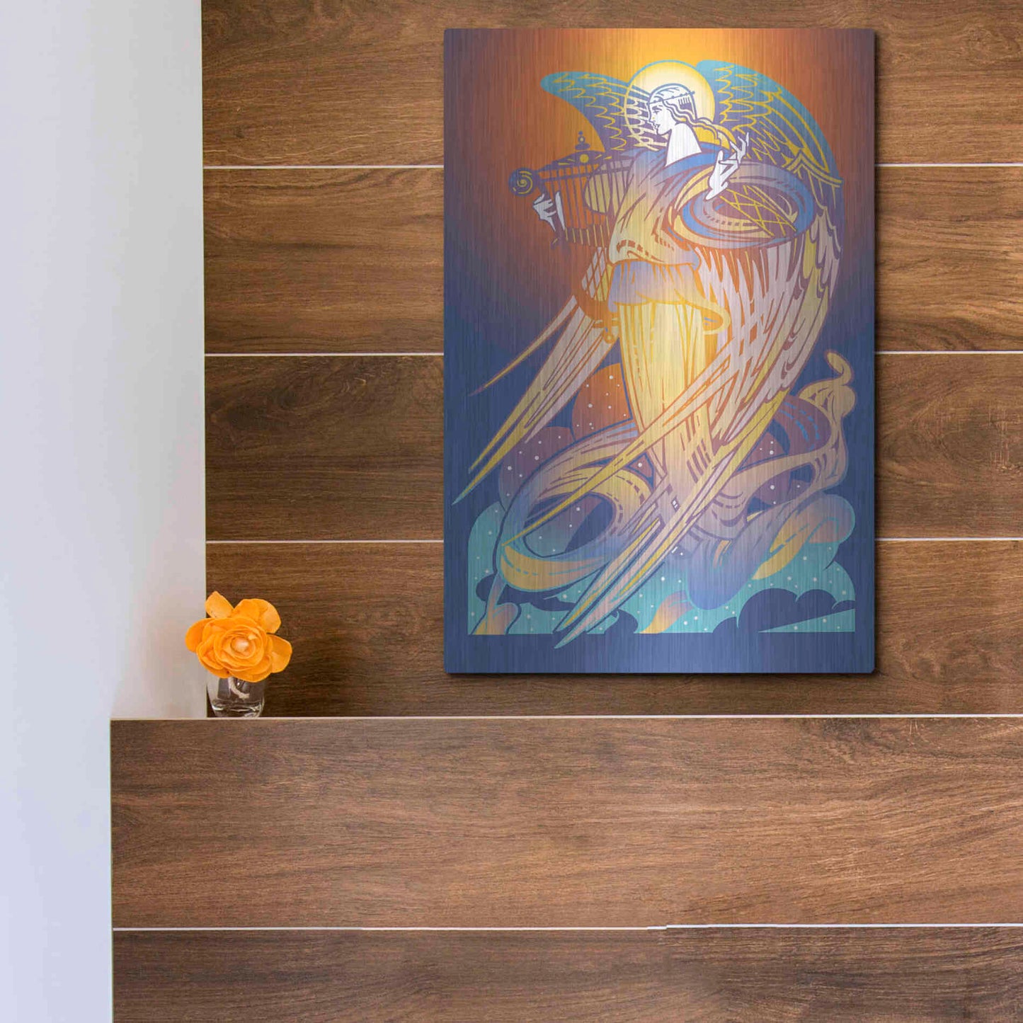 Luxe Metal Art 'New Angel With Harp' by David Chestnutt, Metal Wall Art,12x16