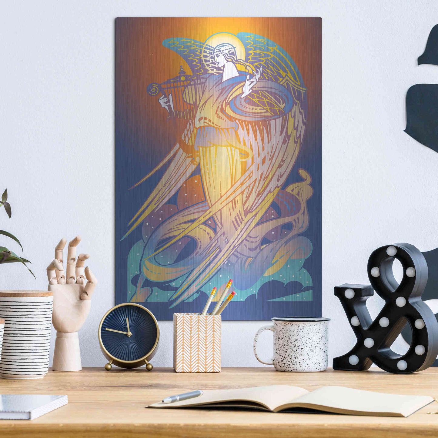 Luxe Metal Art 'New Angel With Harp' by David Chestnutt, Metal Wall Art,12x16