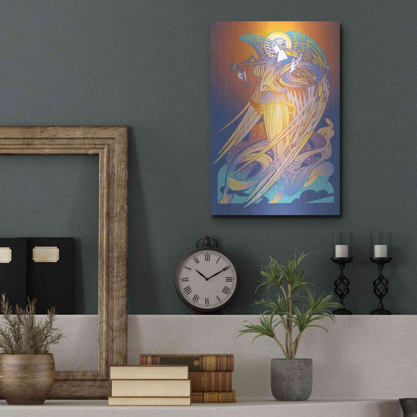 Luxe Metal Art 'New Angel With Harp' by David Chestnutt, Metal Wall Art,12x16