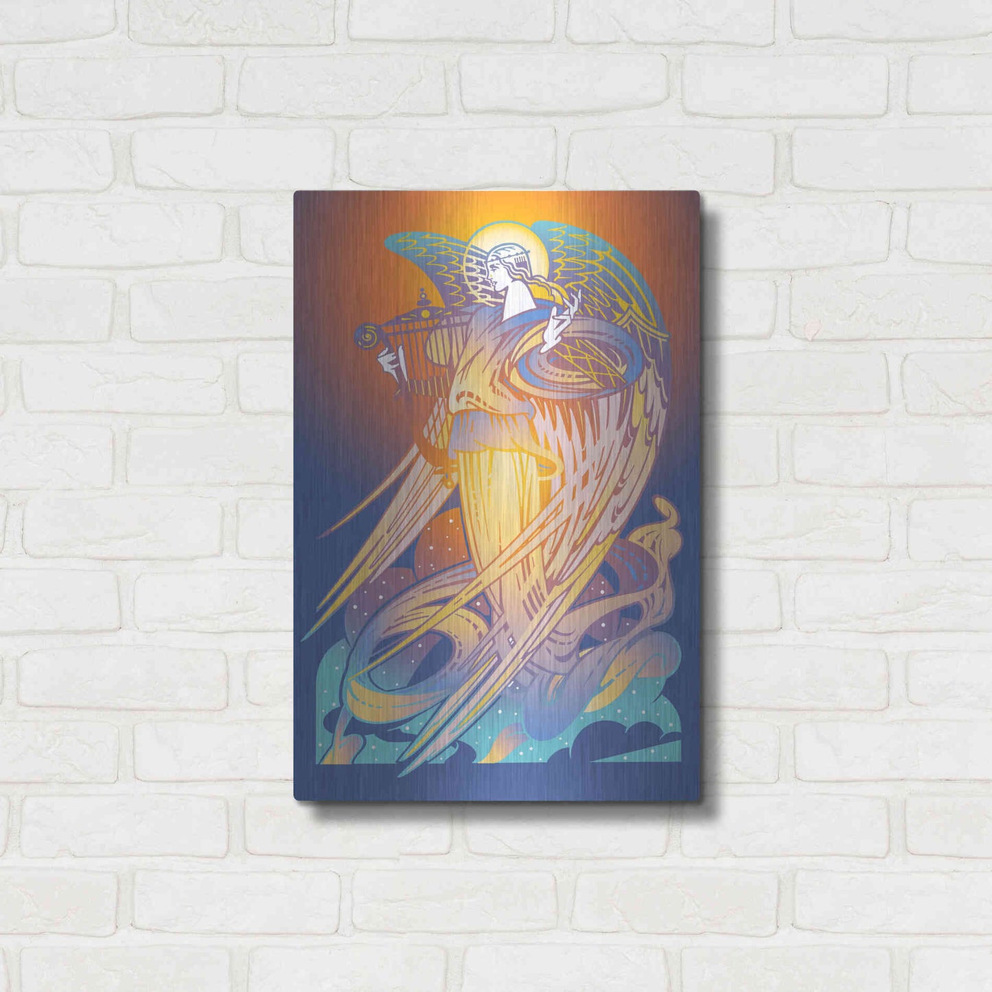 Luxe Metal Art 'New Angel With Harp' by David Chestnutt, Metal Wall Art,16x24