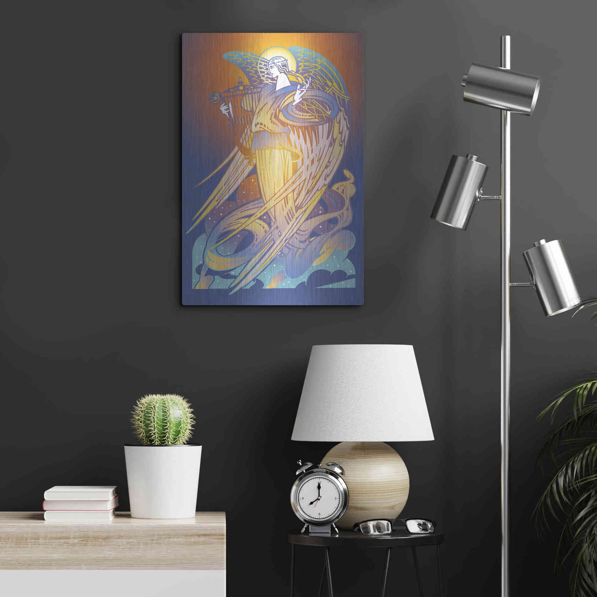 Luxe Metal Art 'New Angel With Harp' by David Chestnutt, Metal Wall Art,16x24