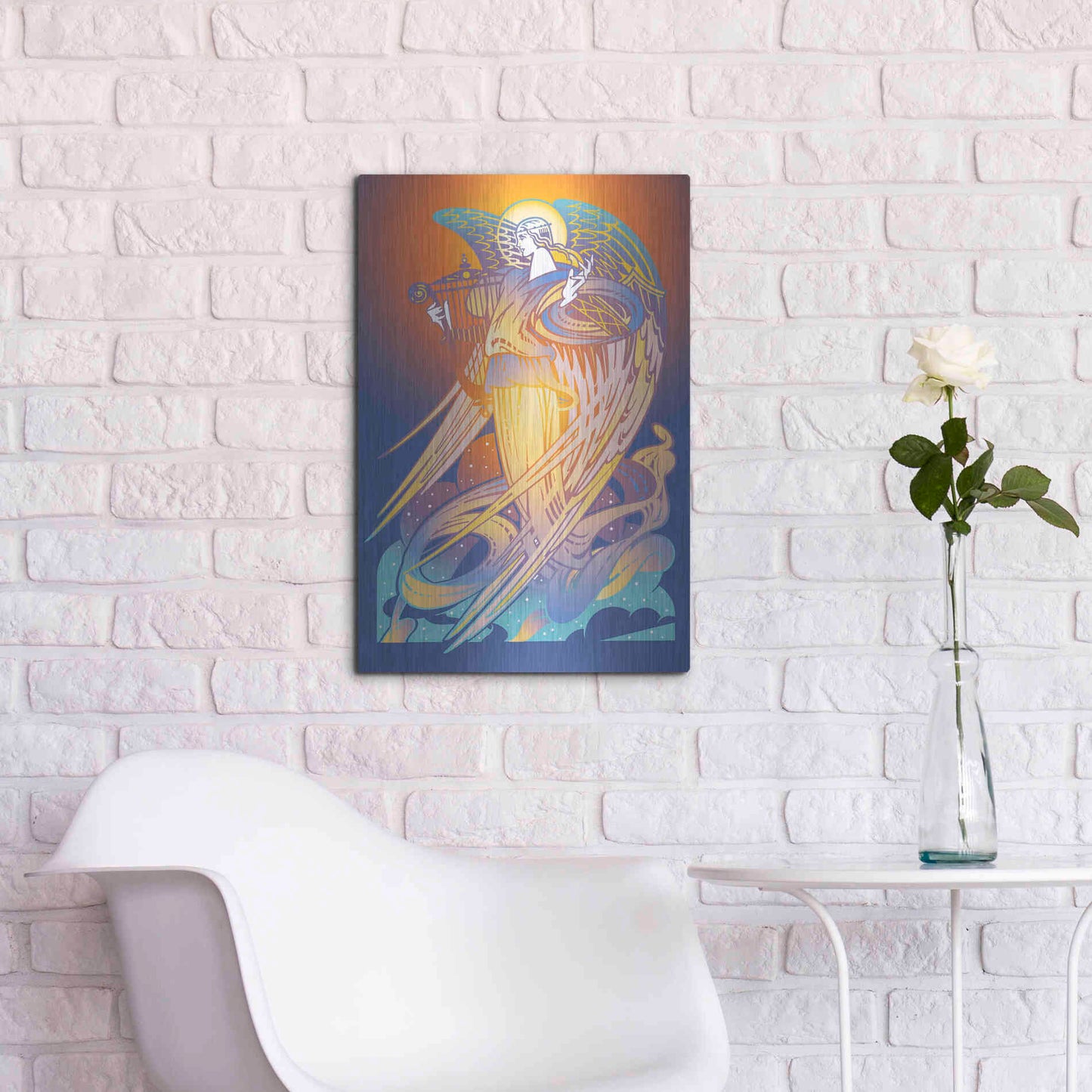 Luxe Metal Art 'New Angel With Harp' by David Chestnutt, Metal Wall Art,16x24