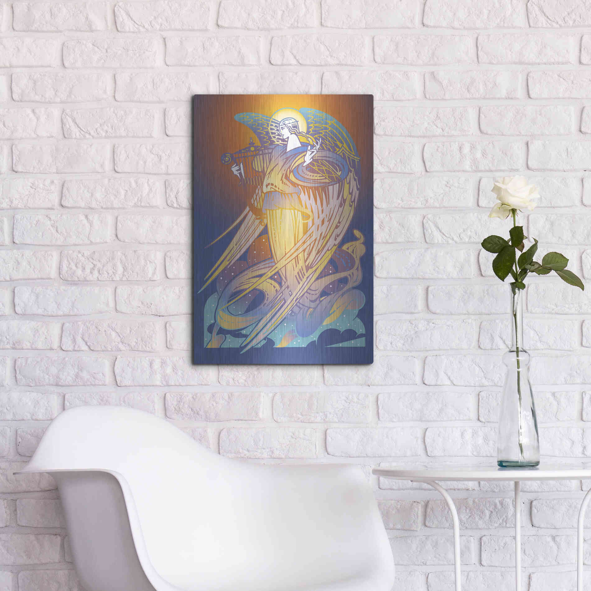 Luxe Metal Art 'New Angel With Harp' by David Chestnutt, Metal Wall Art,16x24