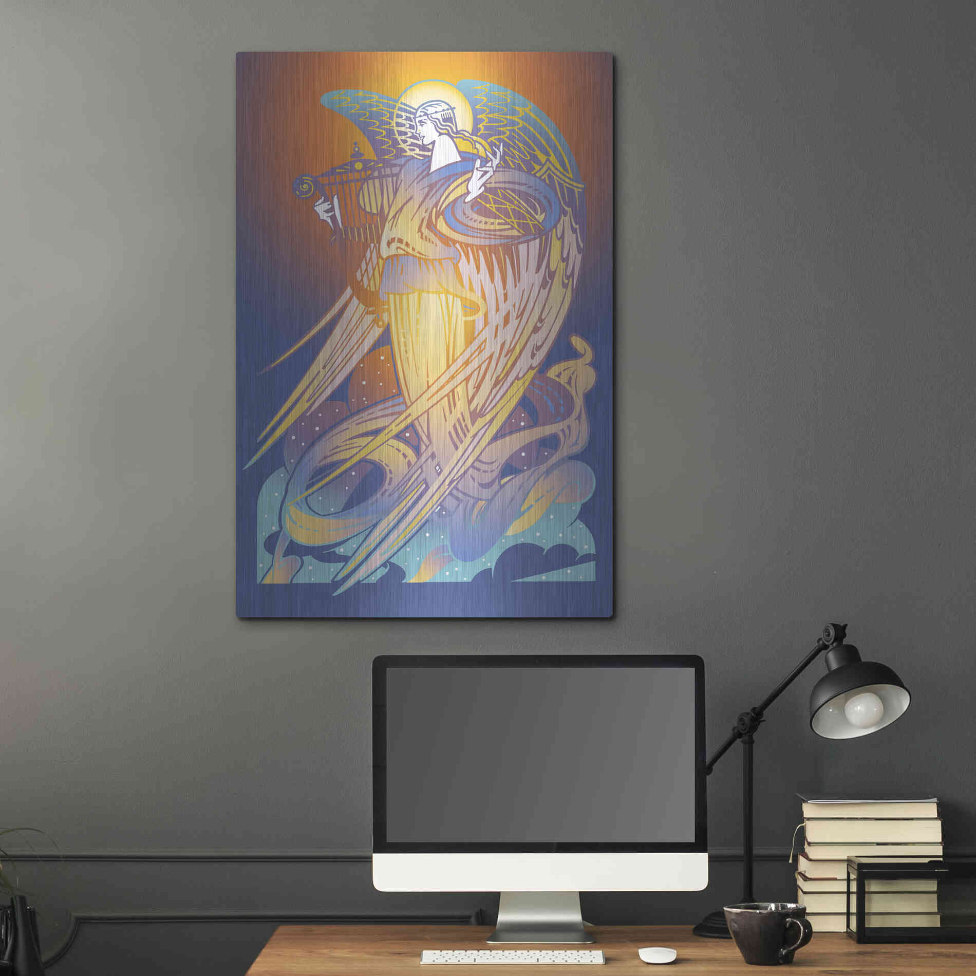 Luxe Metal Art 'New Angel With Harp' by David Chestnutt, Metal Wall Art,24x36