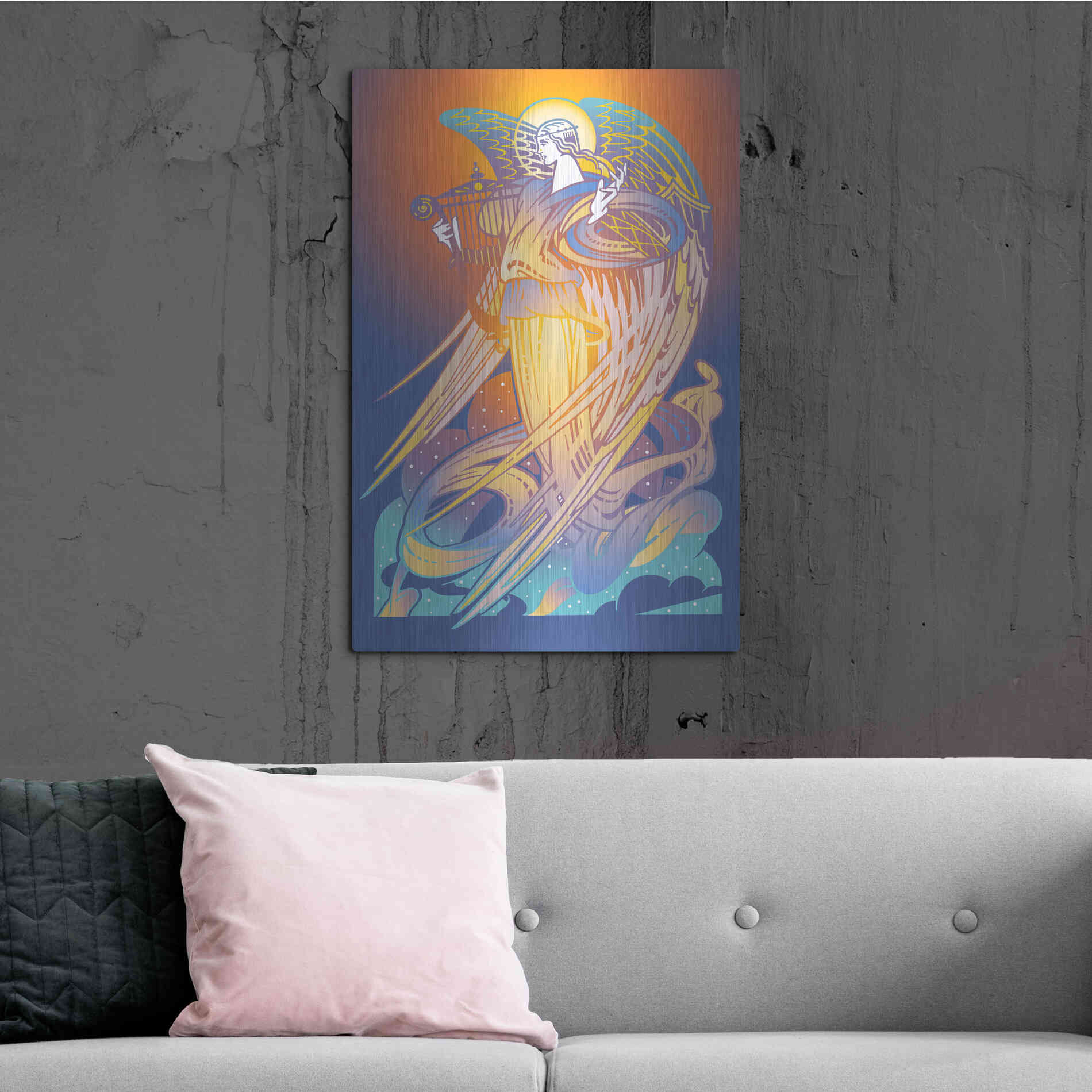 Luxe Metal Art 'New Angel With Harp' by David Chestnutt, Metal Wall Art,24x36