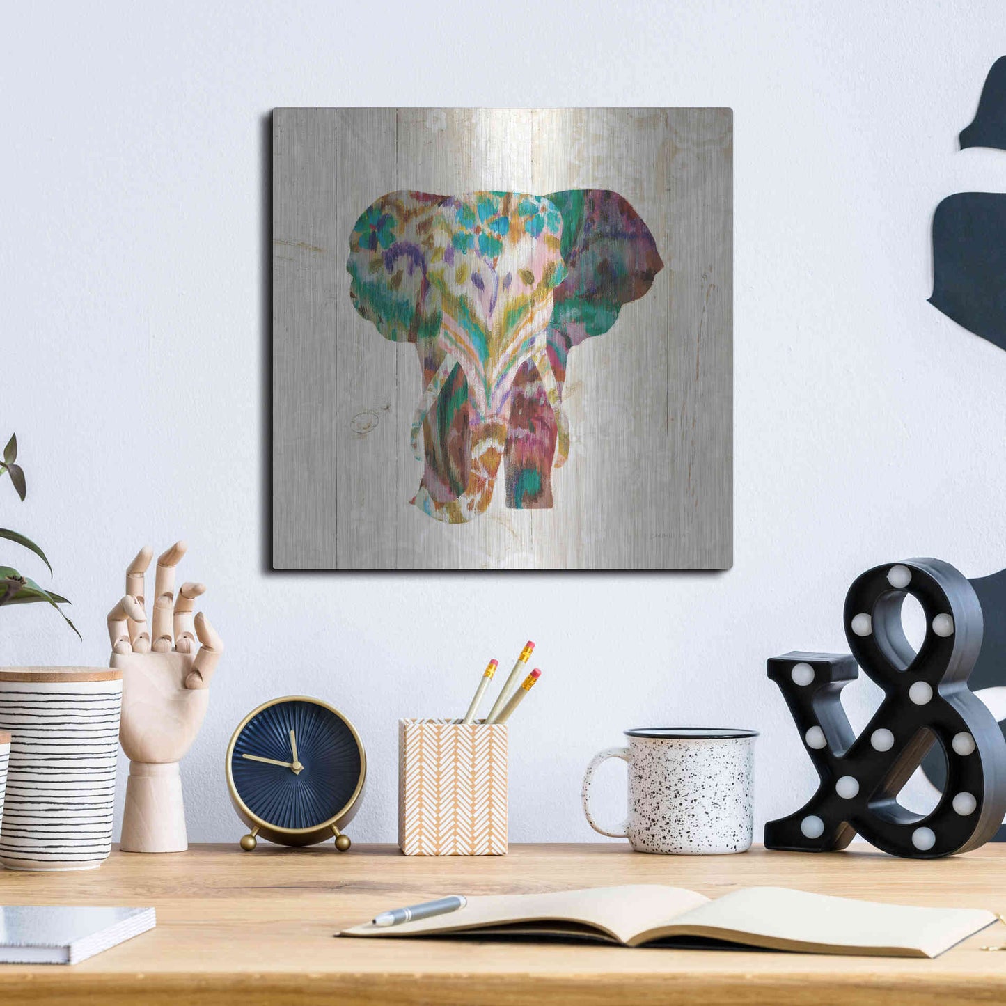 Luxe Metal Art 'Boho Paisley Elephant III' by Danhui Nai, Metal Wall Art,12x12