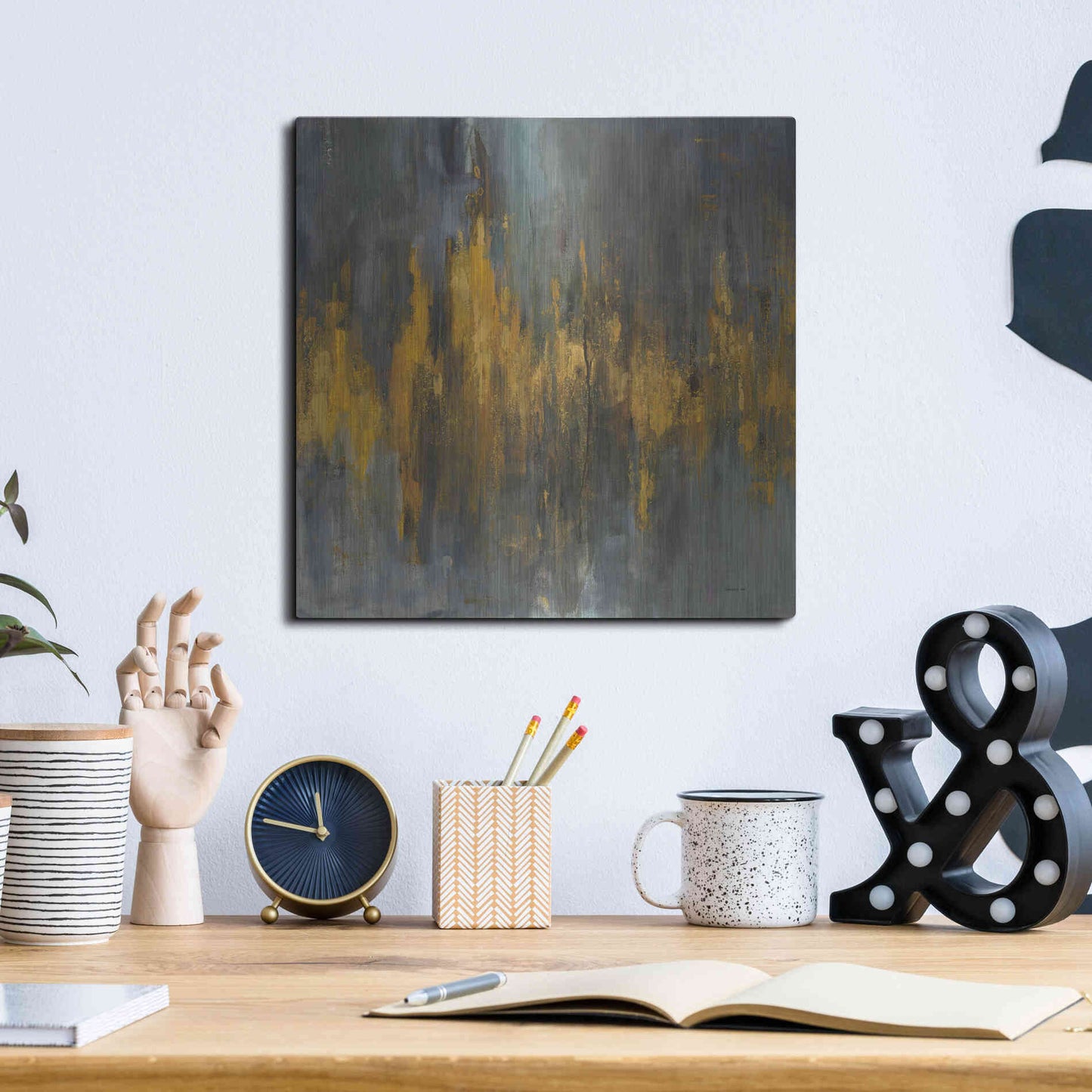 Luxe Metal Art 'Black and Gold Abstract' by Danhui Nai, Metal Wall Art,12x12
