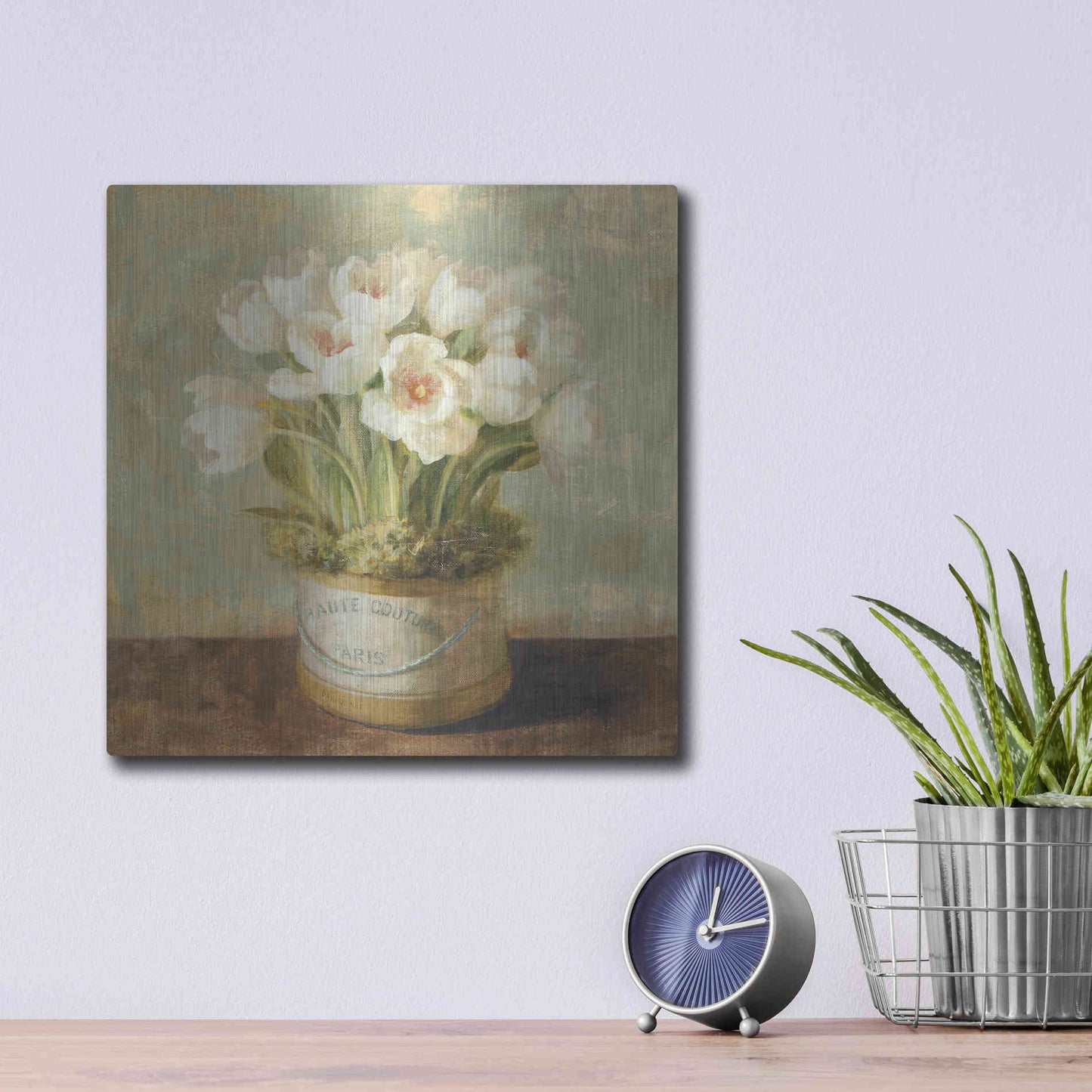 Luxe Metal Art 'Hatbox Tulips' by Danhui Nai, Metal Wall Art,12x12