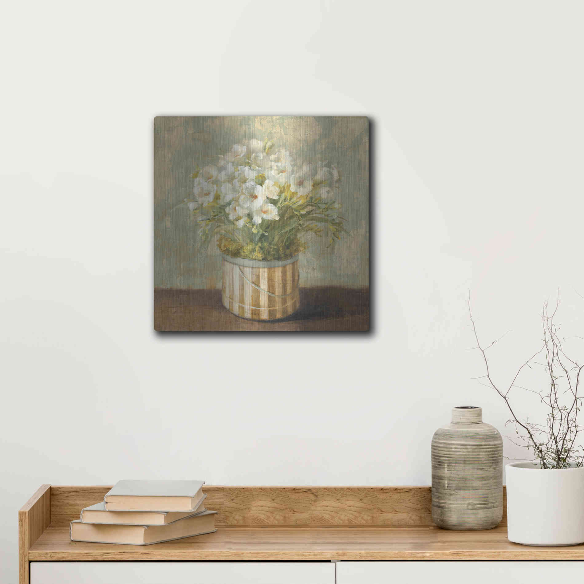 Luxe Metal Art 'Hatbox Freesia' by Danhui Nai, Metal Wall Art,12x12