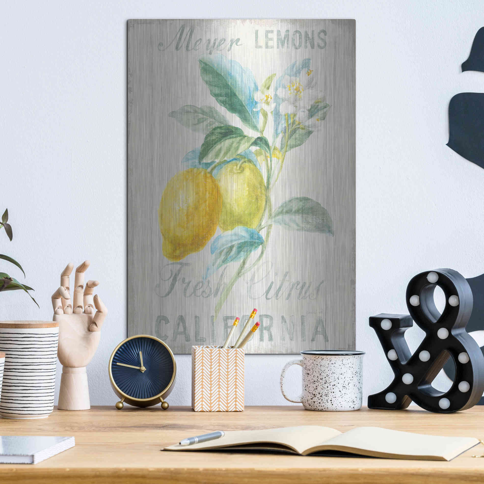 Luxe Metal Art 'Floursack Lemon II' by Danhui Nai, Metal Wall Art,12x16