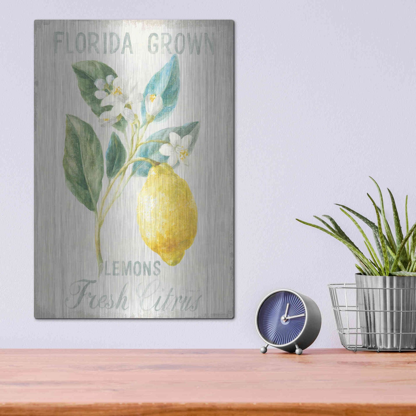 Luxe Metal Art 'Floursack Lemon I' by Danhui Nai, Metal Wall Art,12x16