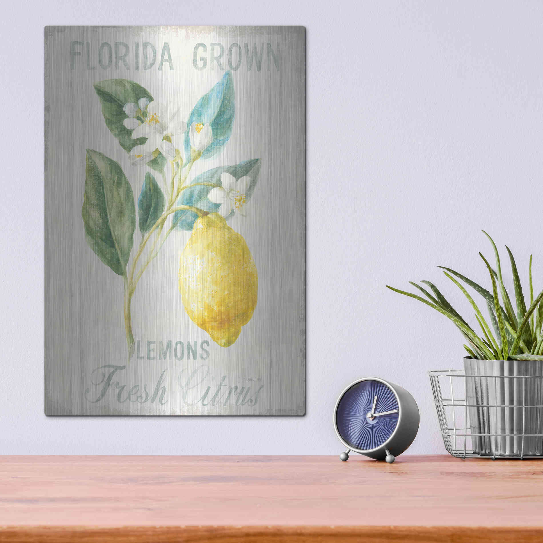 Luxe Metal Art 'Floursack Lemon I' by Danhui Nai, Metal Wall Art,12x16