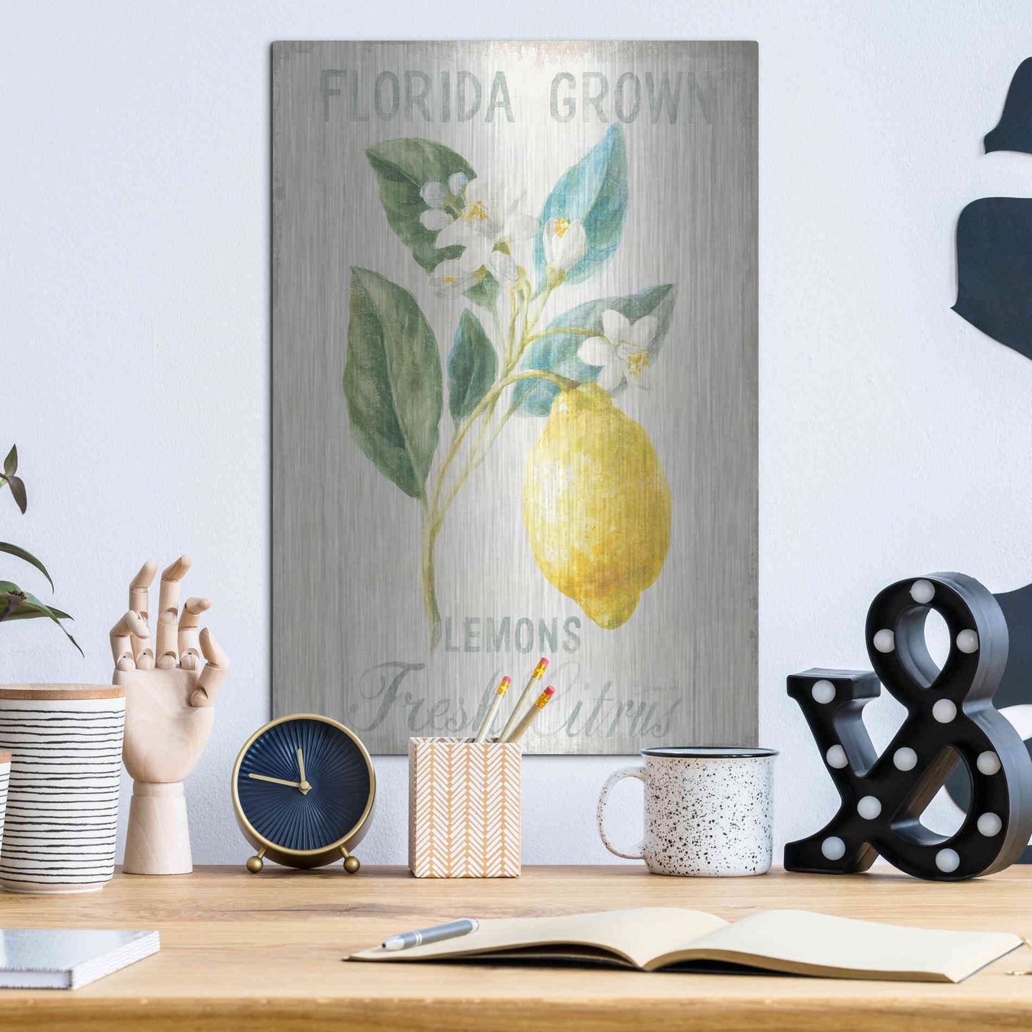 Luxe Metal Art 'Floursack Lemon I' by Danhui Nai, Metal Wall Art,12x16