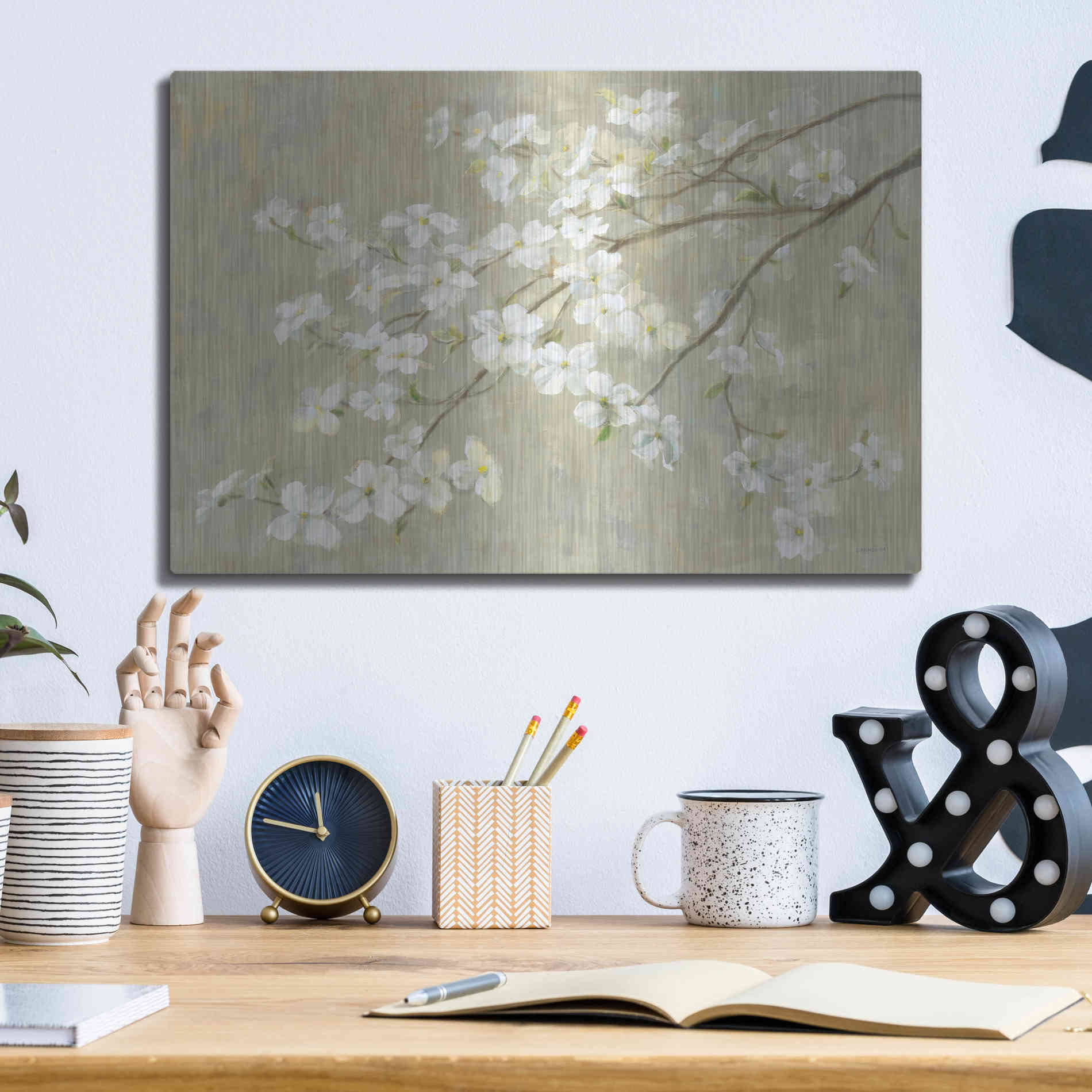 Luxe Metal Art 'Dogwood in Spring Neutral Crop' by Danhui Nai, Metal Wall Art,16x12