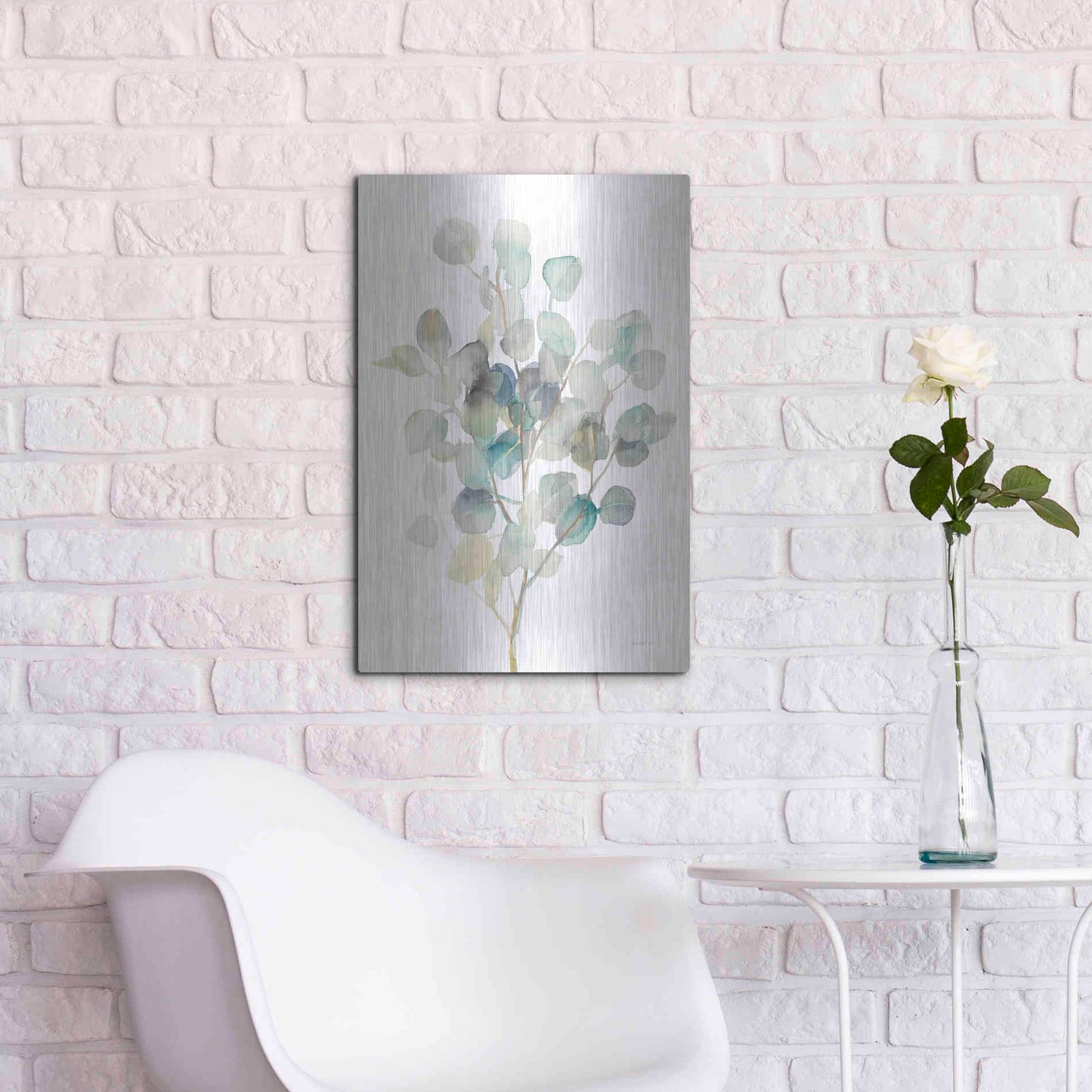 Luxe Metal Art 'Eucalyptus III White' by Danhui Nai, Metal Wall Art,16x24