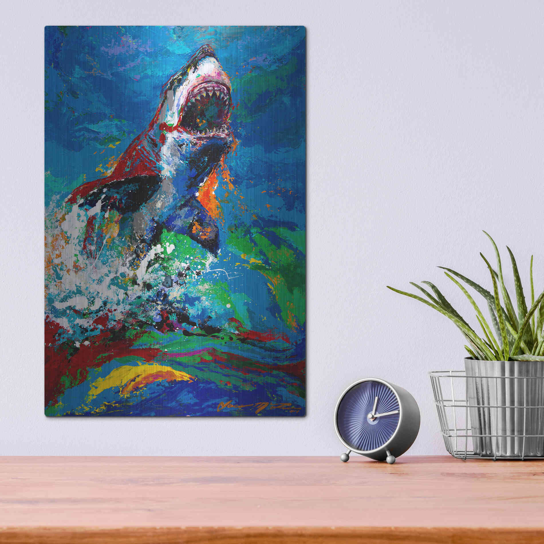 Luxe Metal Art 'The Lawyer Breeching Great White Shark' by Jace D McTier, Metal Wall Art,12x16