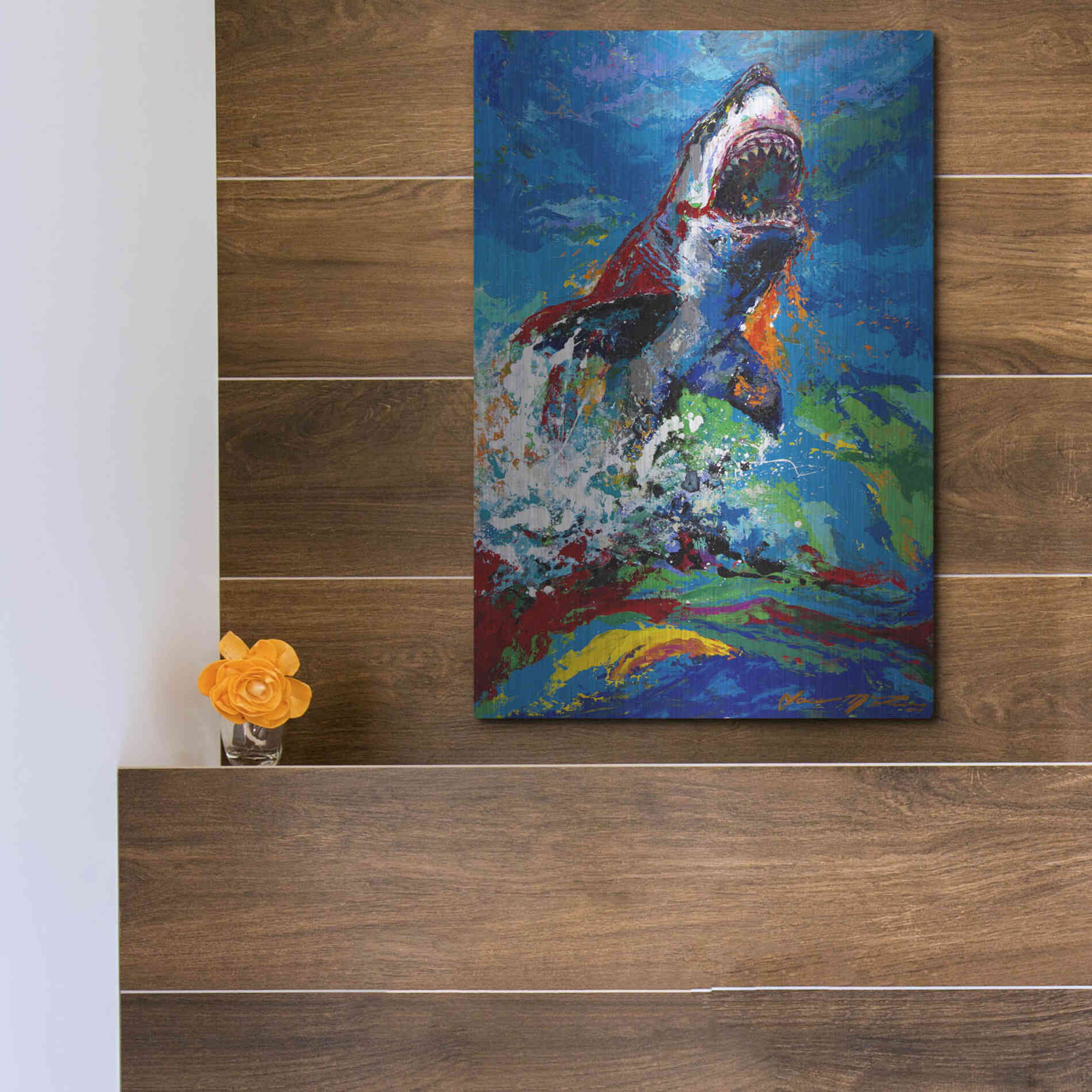 Luxe Metal Art 'The Lawyer Breeching Great White Shark' by Jace D McTier, Metal Wall Art,12x16