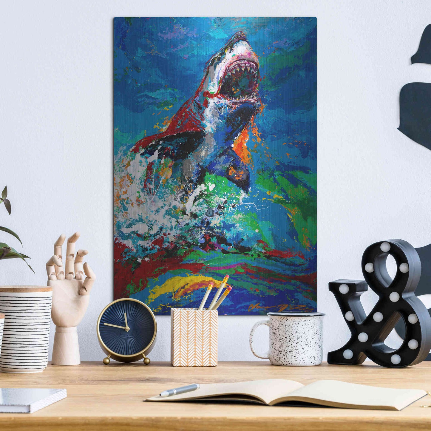Luxe Metal Art 'The Lawyer Breeching Great White Shark' by Jace D McTier, Metal Wall Art,12x16