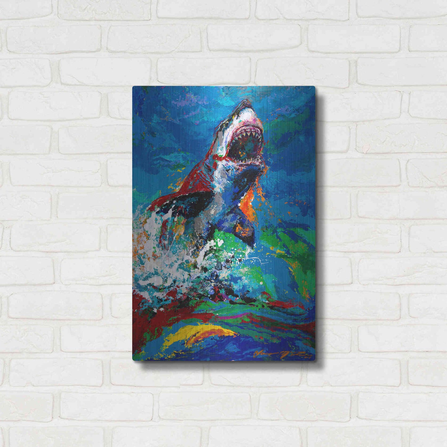 Luxe Metal Art 'The Lawyer Breeching Great White Shark' by Jace D McTier, Metal Wall Art,16x24