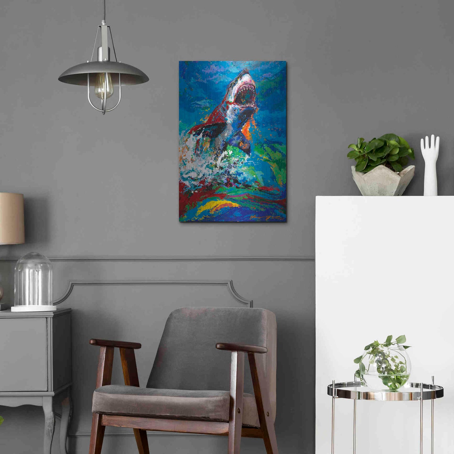 Luxe Metal Art 'The Lawyer Breeching Great White Shark' by Jace D McTier, Metal Wall Art,16x24