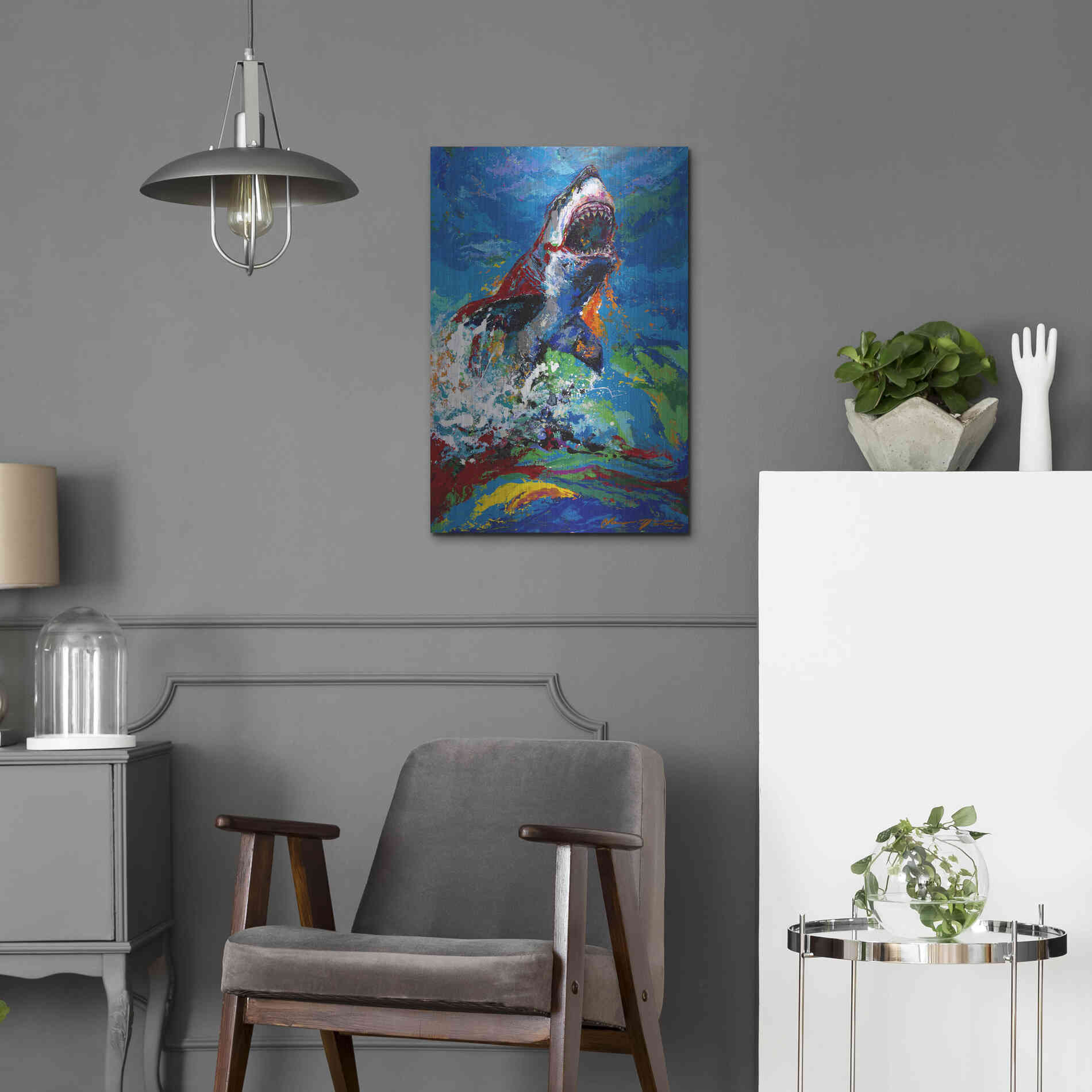 Luxe Metal Art 'The Lawyer Breeching Great White Shark' by Jace D McTier, Metal Wall Art,16x24