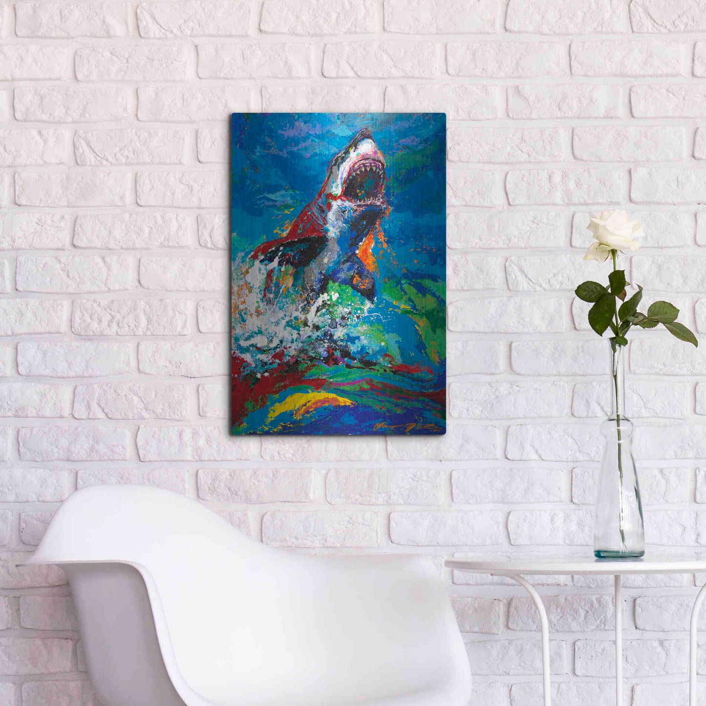 Luxe Metal Art 'The Lawyer Breeching Great White Shark' by Jace D McTier, Metal Wall Art,16x24