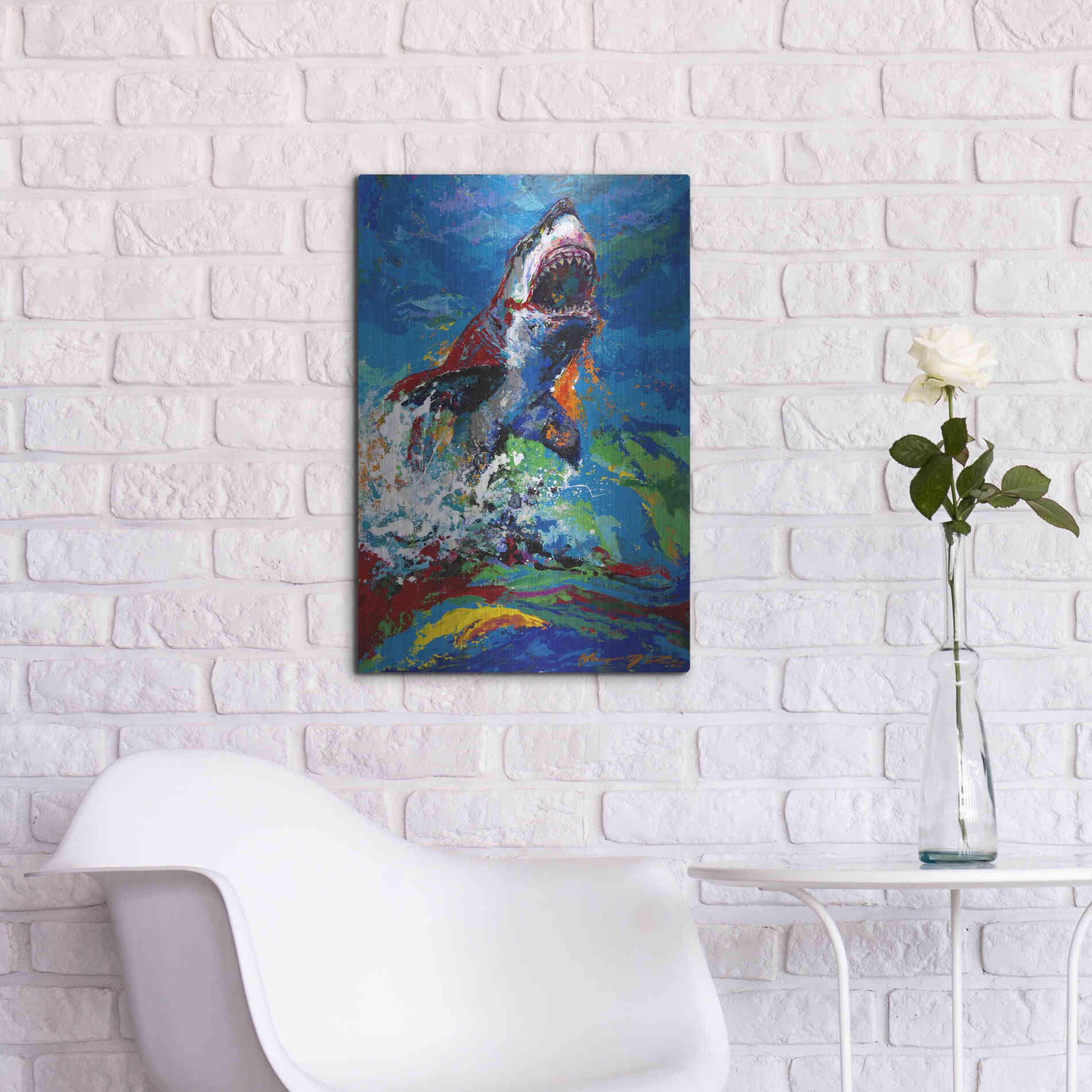 Luxe Metal Art 'The Lawyer Breeching Great White Shark' by Jace D McTier, Metal Wall Art,16x24