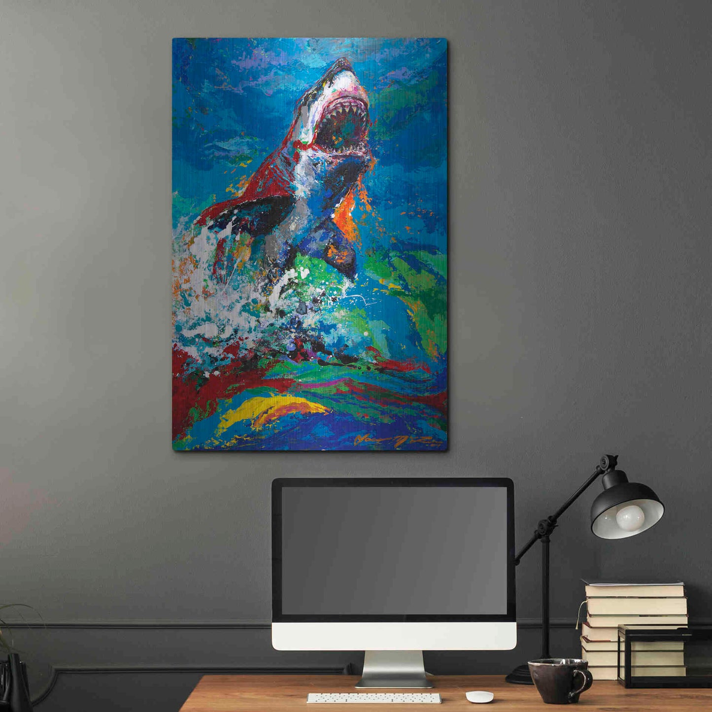 Luxe Metal Art 'The Lawyer Breeching Great White Shark' by Jace D McTier, Metal Wall Art,24x36