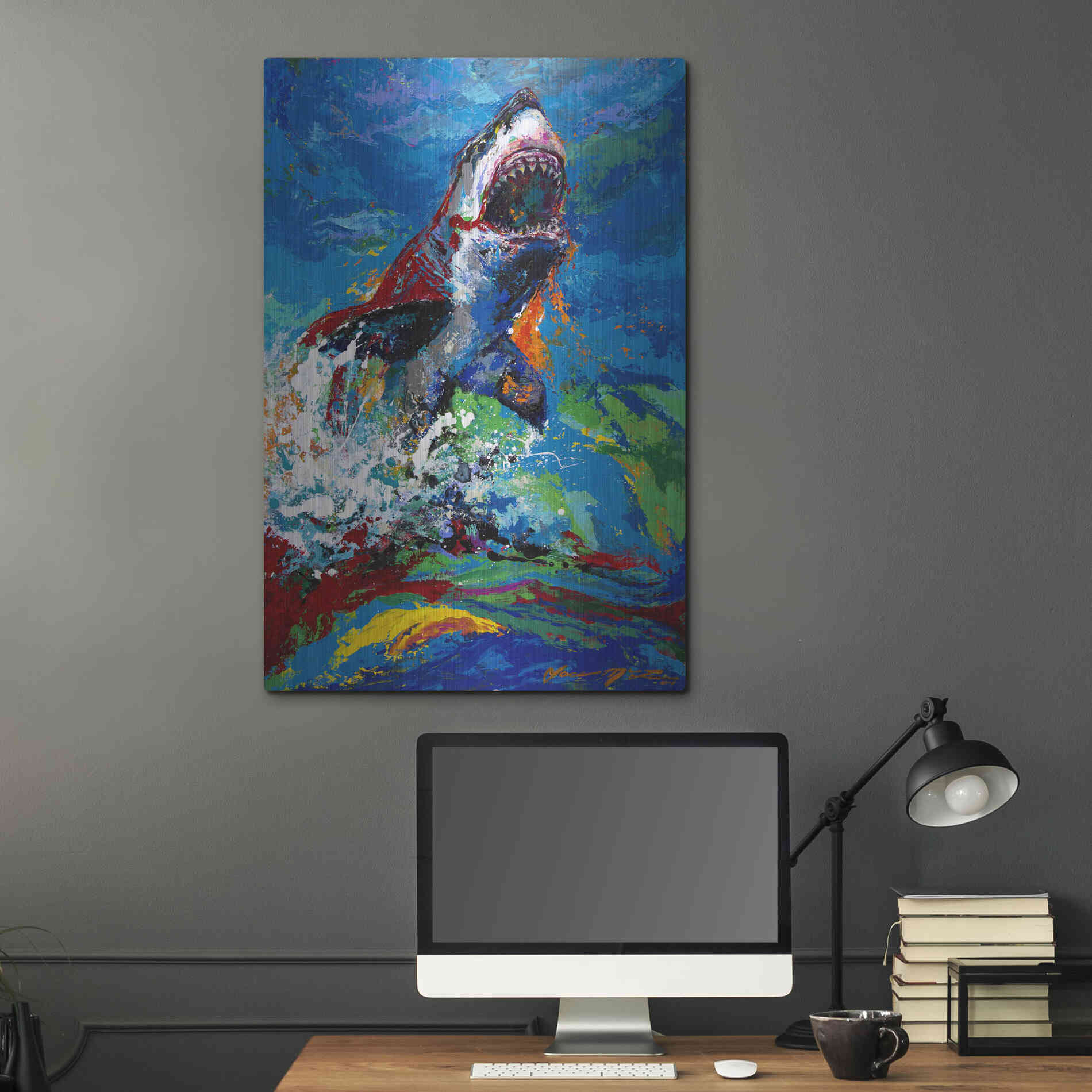 Luxe Metal Art 'The Lawyer Breeching Great White Shark' by Jace D McTier, Metal Wall Art,24x36