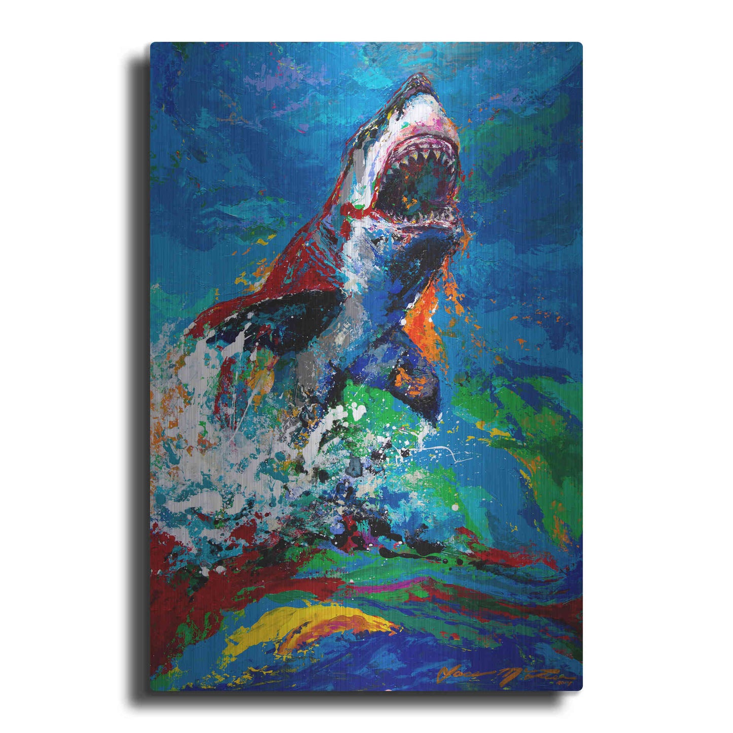 Luxe Metal Art 'The Lawyer Breeching Great White Shark' by Jace D McTier, Metal Wall Art