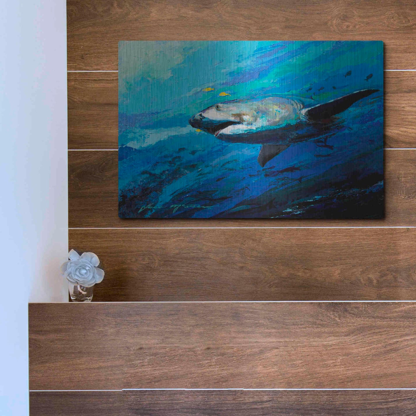 Luxe Metal Art 'The Mighty Bull Shark' by Jace D McTier, Metal Wall Art,16x12