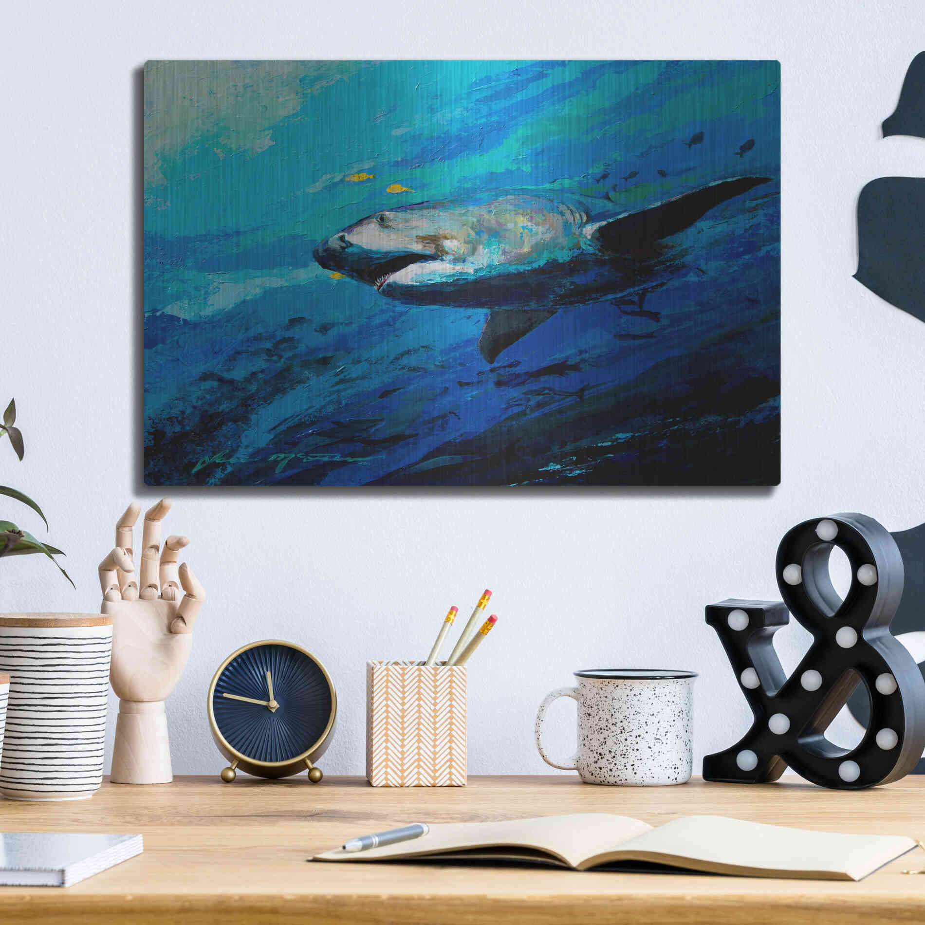 Luxe Metal Art 'The Mighty Bull Shark' by Jace D McTier, Metal Wall Art,16x12