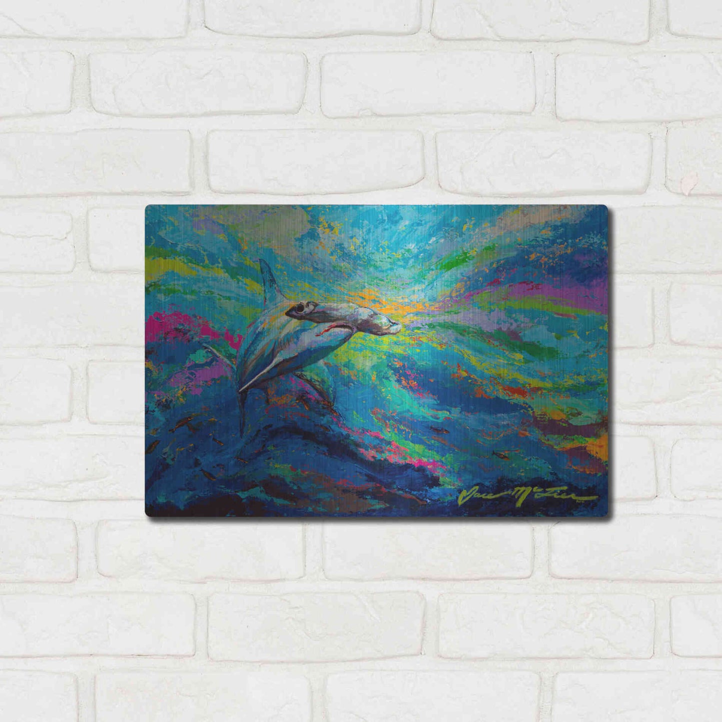 Luxe Metal Art 'After Dinner Swim Hammer Head Shark' by Jace D McTier, Metal Wall Art,16x12