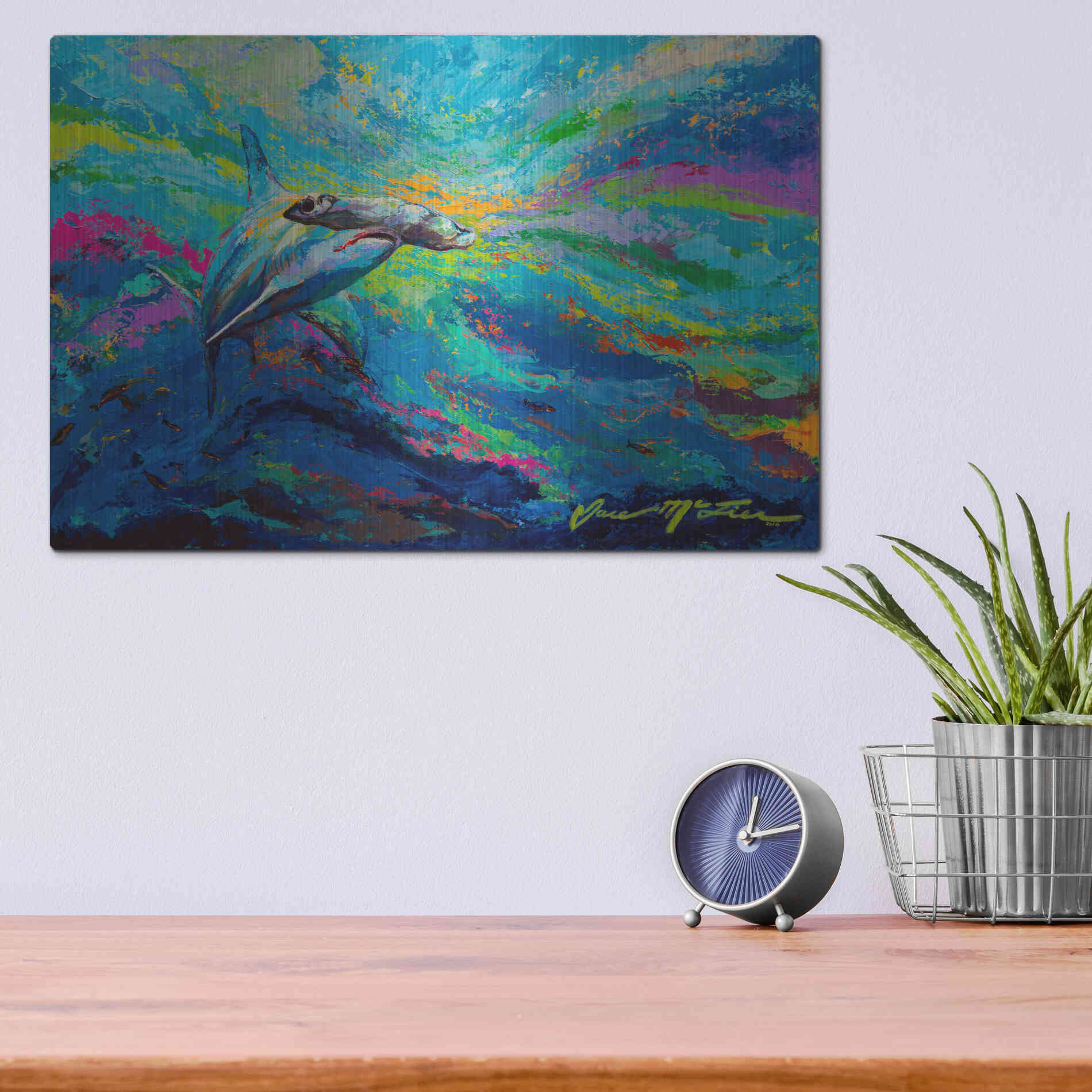 Luxe Metal Art 'After Dinner Swim Hammer Head Shark' by Jace D McTier, Metal Wall Art,16x12