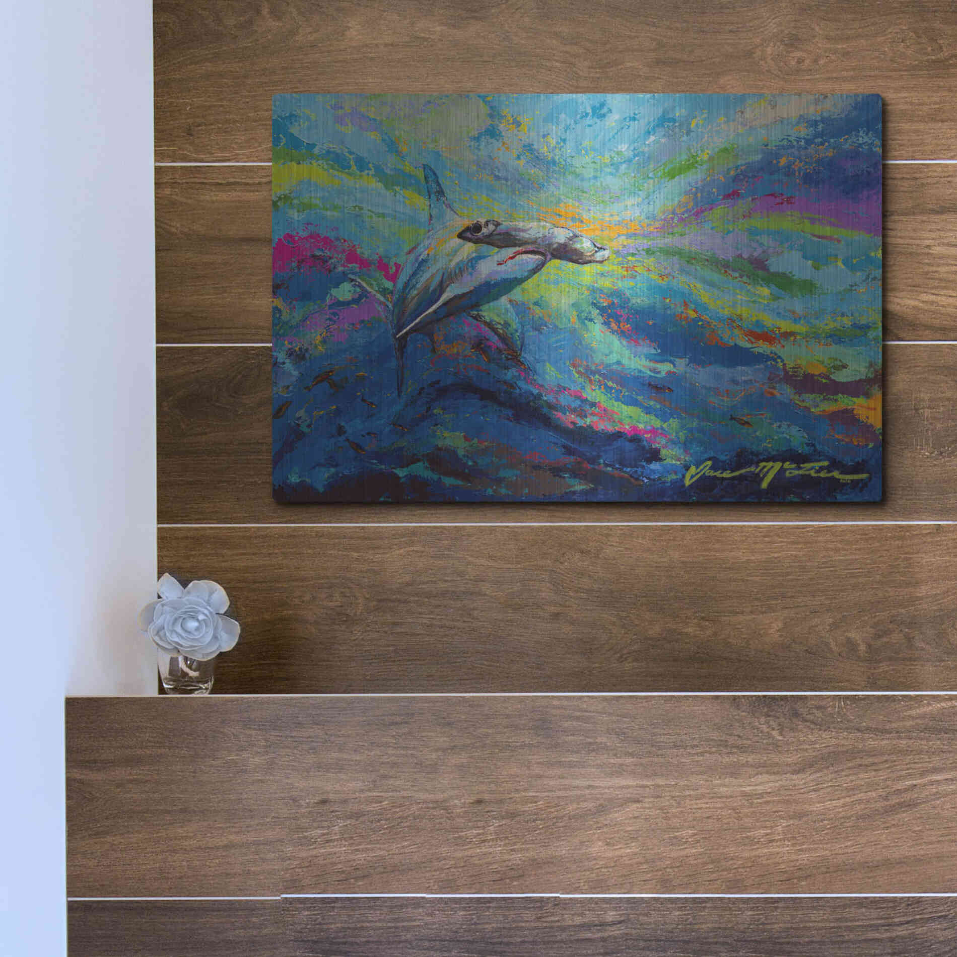 Luxe Metal Art 'After Dinner Swim Hammer Head Shark' by Jace D McTier, Metal Wall Art,16x12