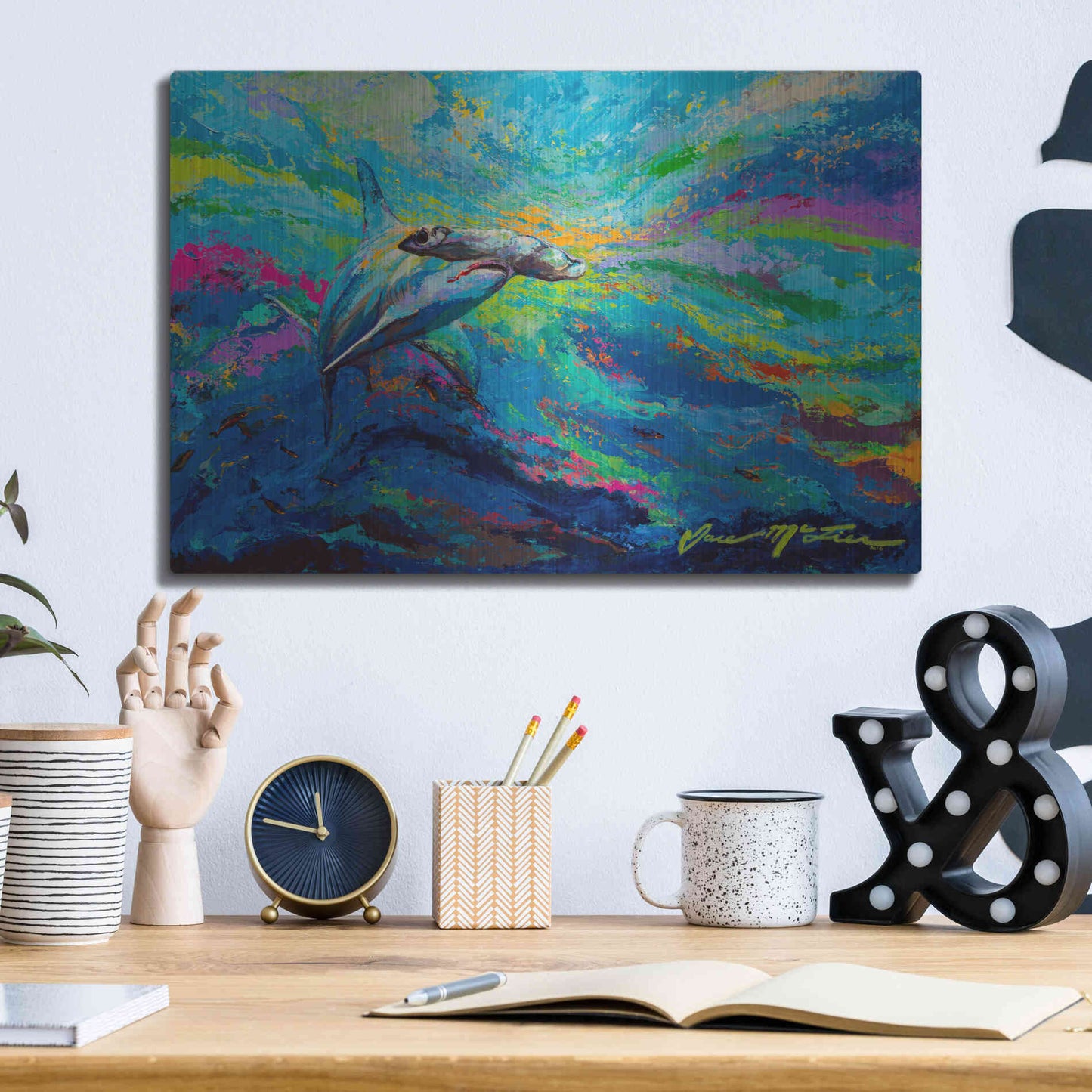 Luxe Metal Art 'After Dinner Swim Hammer Head Shark' by Jace D McTier, Metal Wall Art,16x12