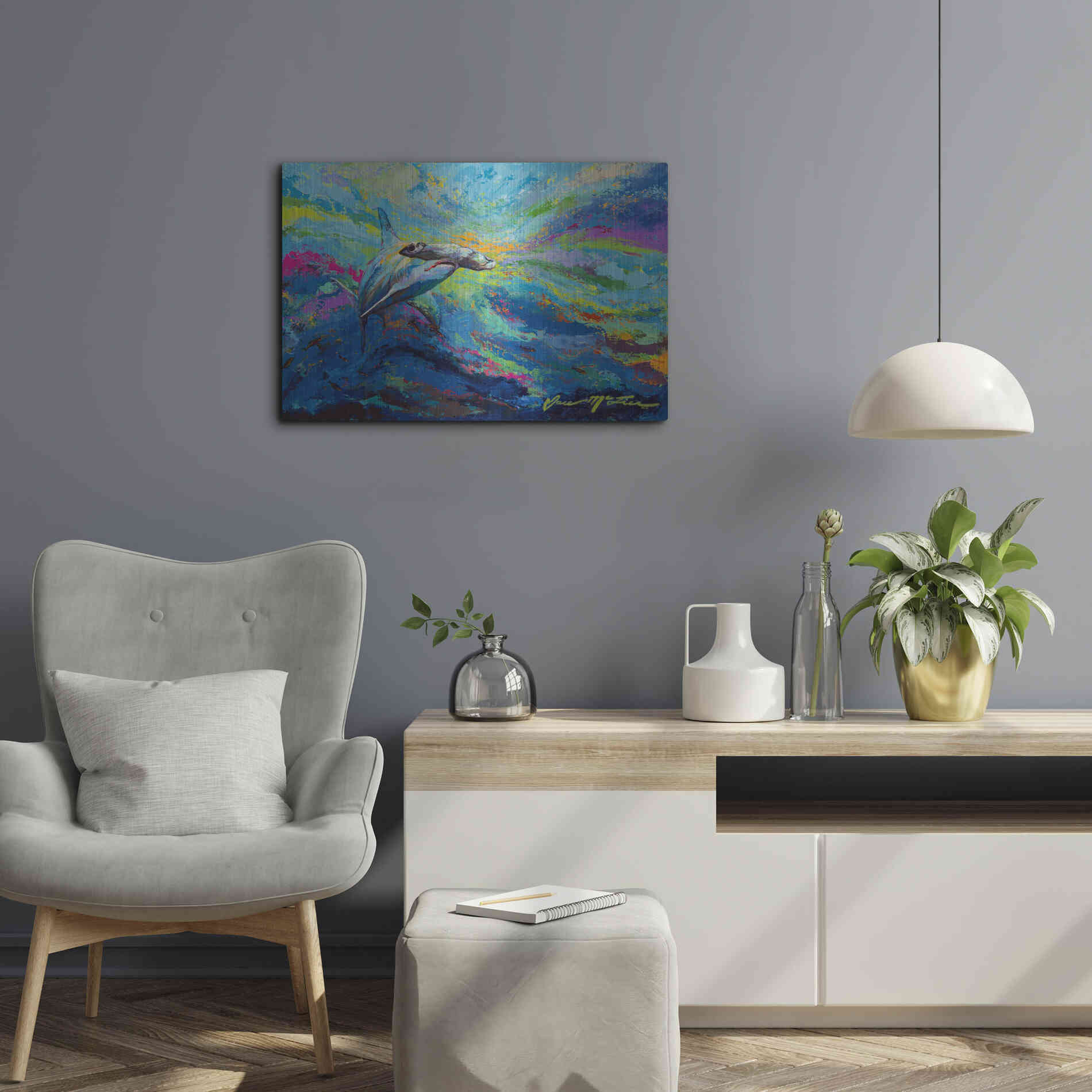 Luxe Metal Art 'After Dinner Swim Hammer Head Shark' by Jace D McTier, Metal Wall Art,24x16