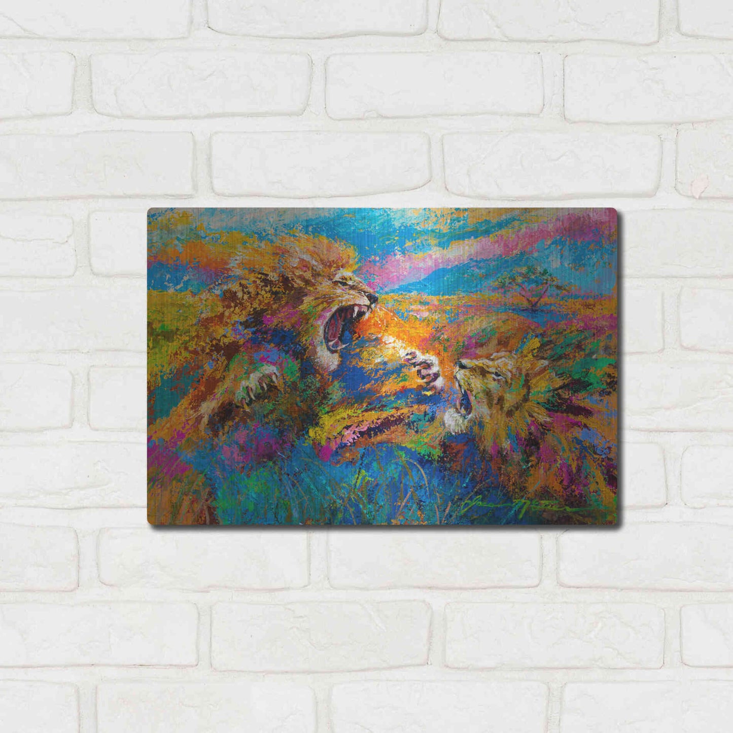 Luxe Metal Art 'Pride Fight in the Savanna African Lions' by Jace D McTier, Metal Wall Art,16x12
