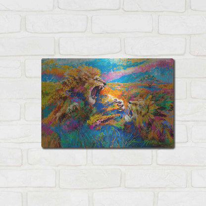 Luxe Metal Art 'Pride Fight in the Savanna African Lions' by Jace D McTier, Metal Wall Art,16x12