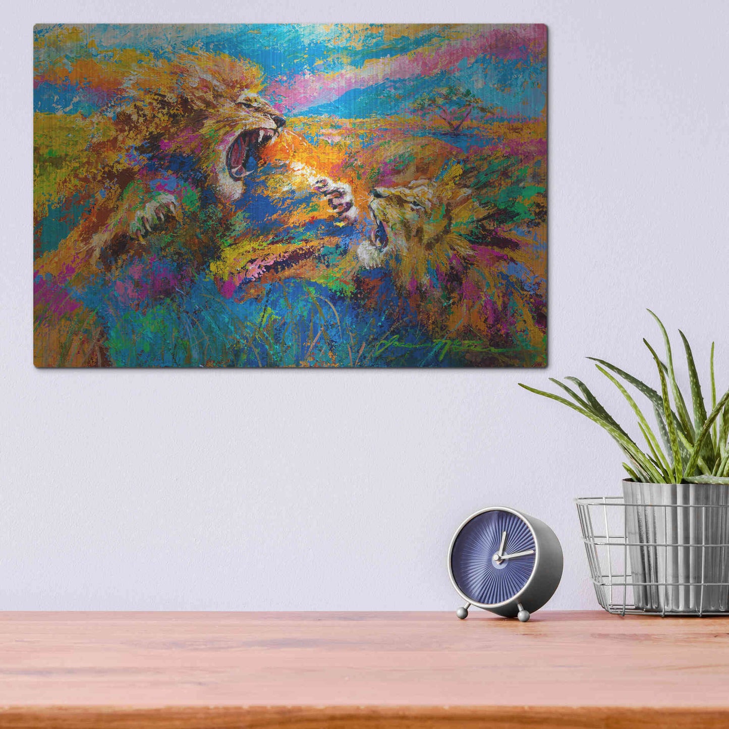 Luxe Metal Art 'Pride Fight in the Savanna African Lions' by Jace D McTier, Metal Wall Art,16x12