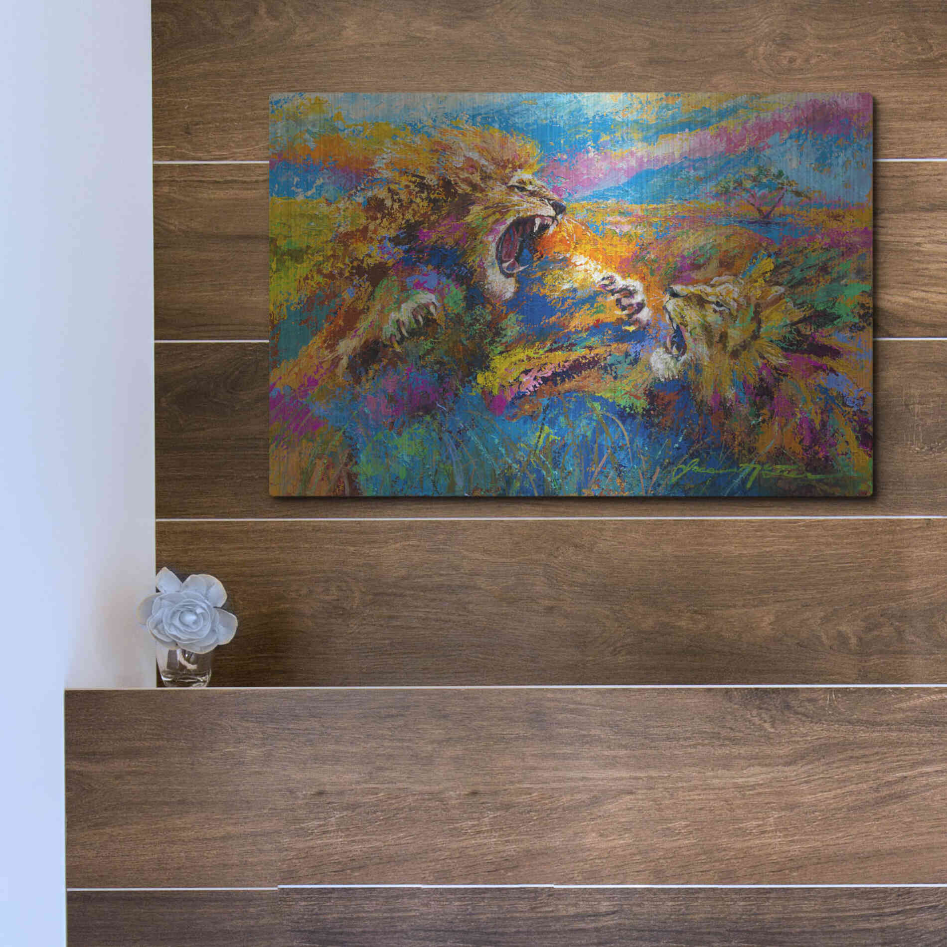 Luxe Metal Art 'Pride Fight in the Savanna African Lions' by Jace D McTier, Metal Wall Art,16x12