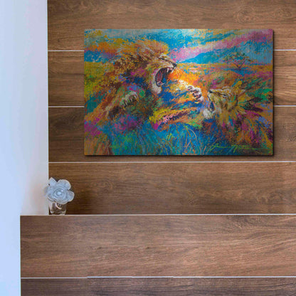 Luxe Metal Art 'Pride Fight in the Savanna African Lions' by Jace D McTier, Metal Wall Art,16x12