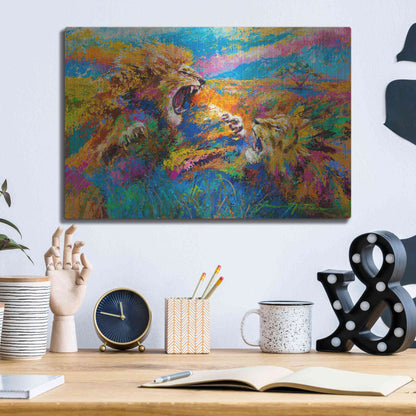 Luxe Metal Art 'Pride Fight in the Savanna African Lions' by Jace D McTier, Metal Wall Art,16x12