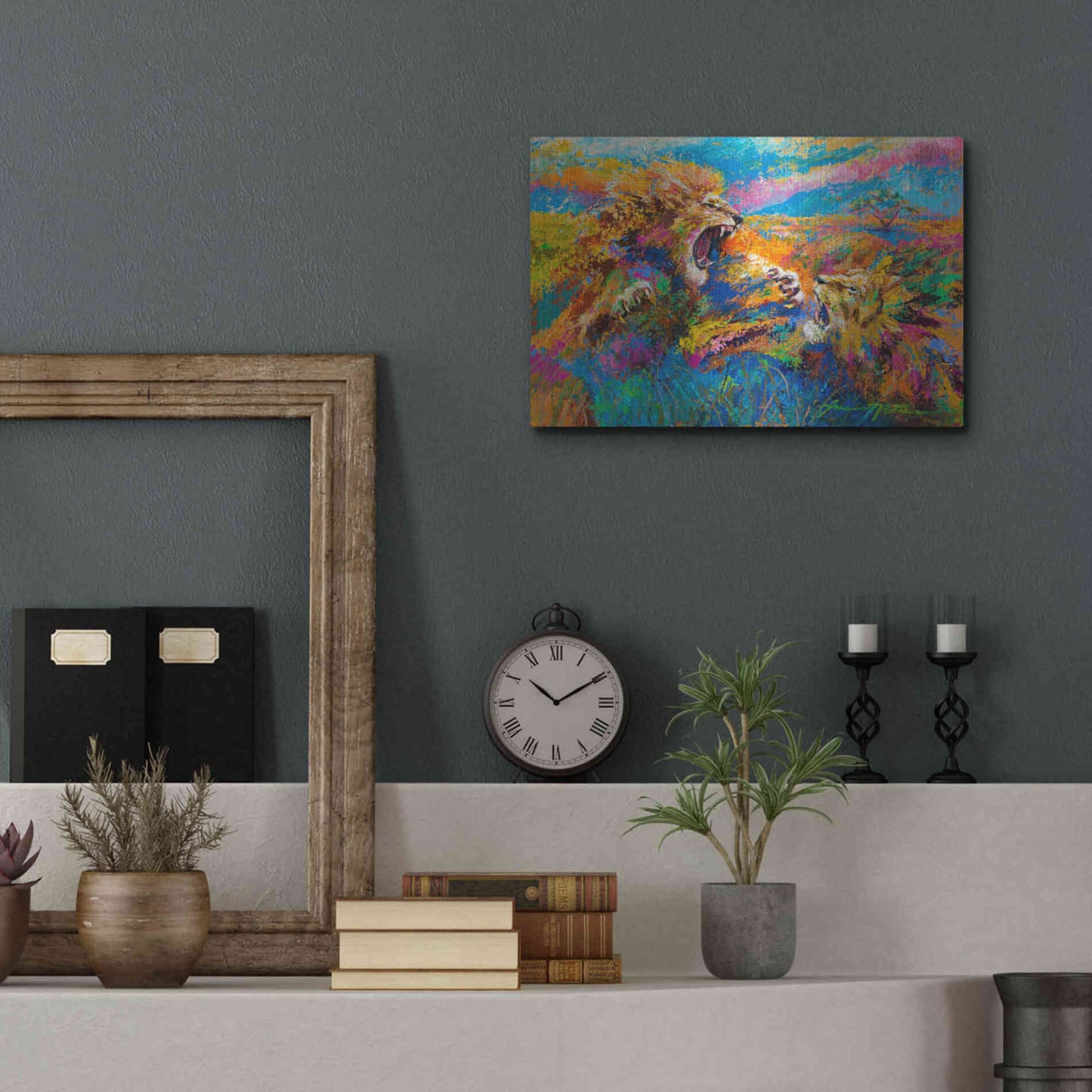 Luxe Metal Art 'Pride Fight in the Savanna African Lions' by Jace D McTier, Metal Wall Art,16x12