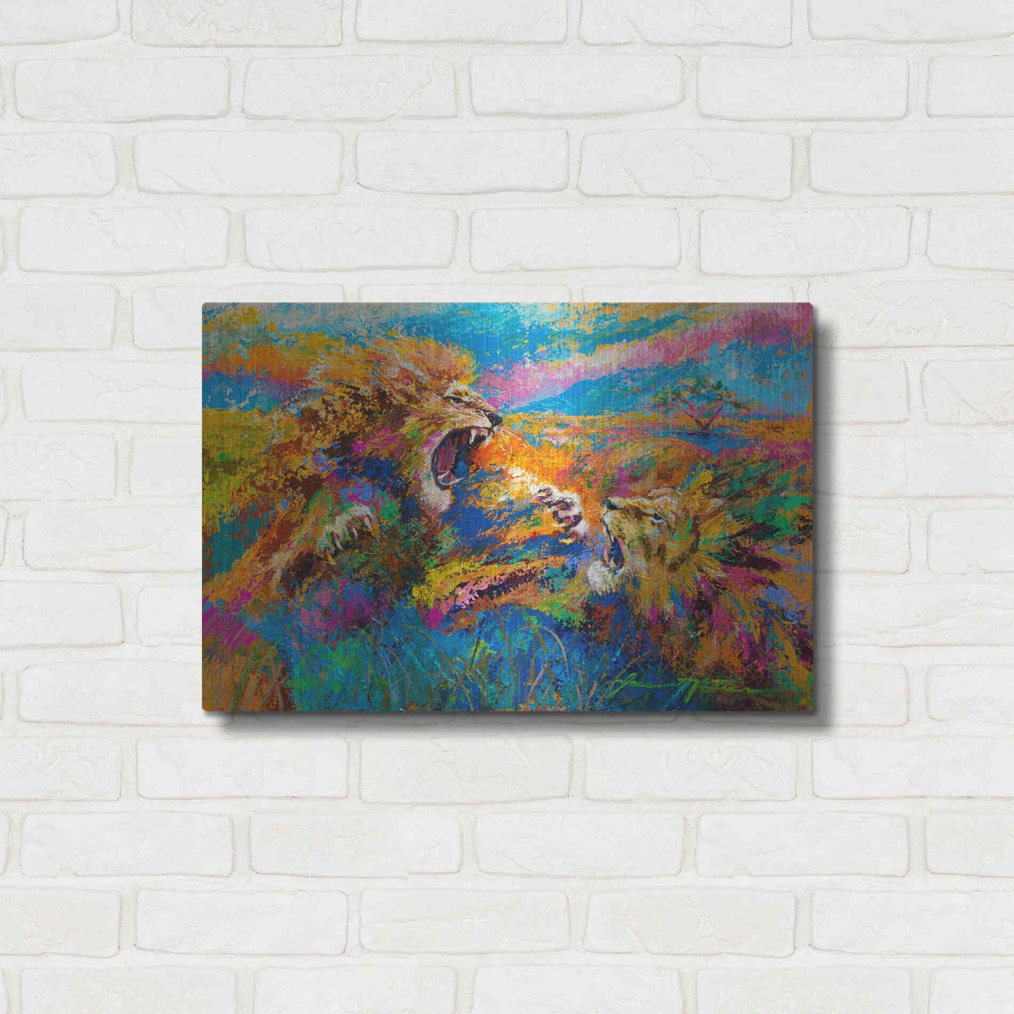 Luxe Metal Art 'Pride Fight in the Savanna African Lions' by Jace D McTier, Metal Wall Art,24x16
