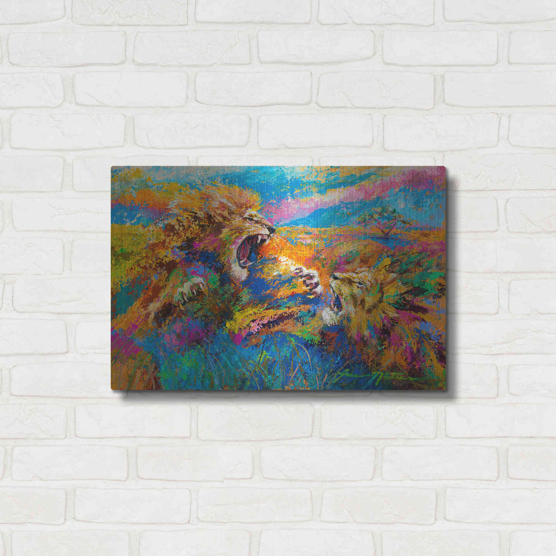 Luxe Metal Art 'Pride Fight in the Savanna African Lions' by Jace D McTier, Metal Wall Art,24x16
