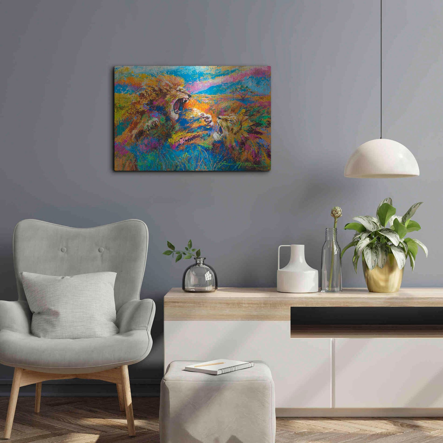 Luxe Metal Art 'Pride Fight in the Savanna African Lions' by Jace D McTier, Metal Wall Art,24x16