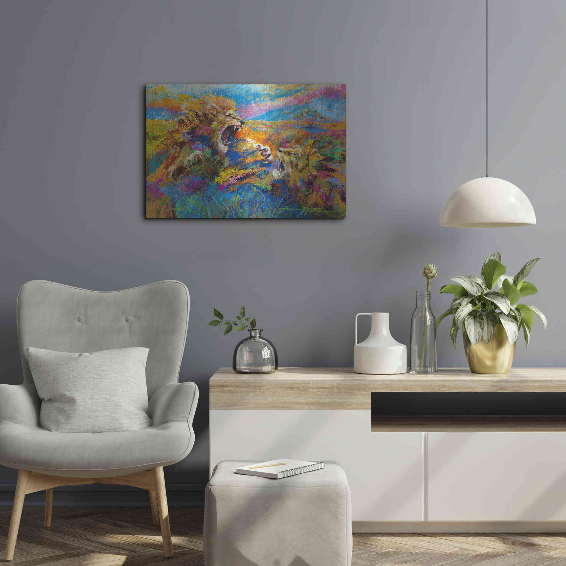 Luxe Metal Art 'Pride Fight in the Savanna African Lions' by Jace D McTier, Metal Wall Art,24x16