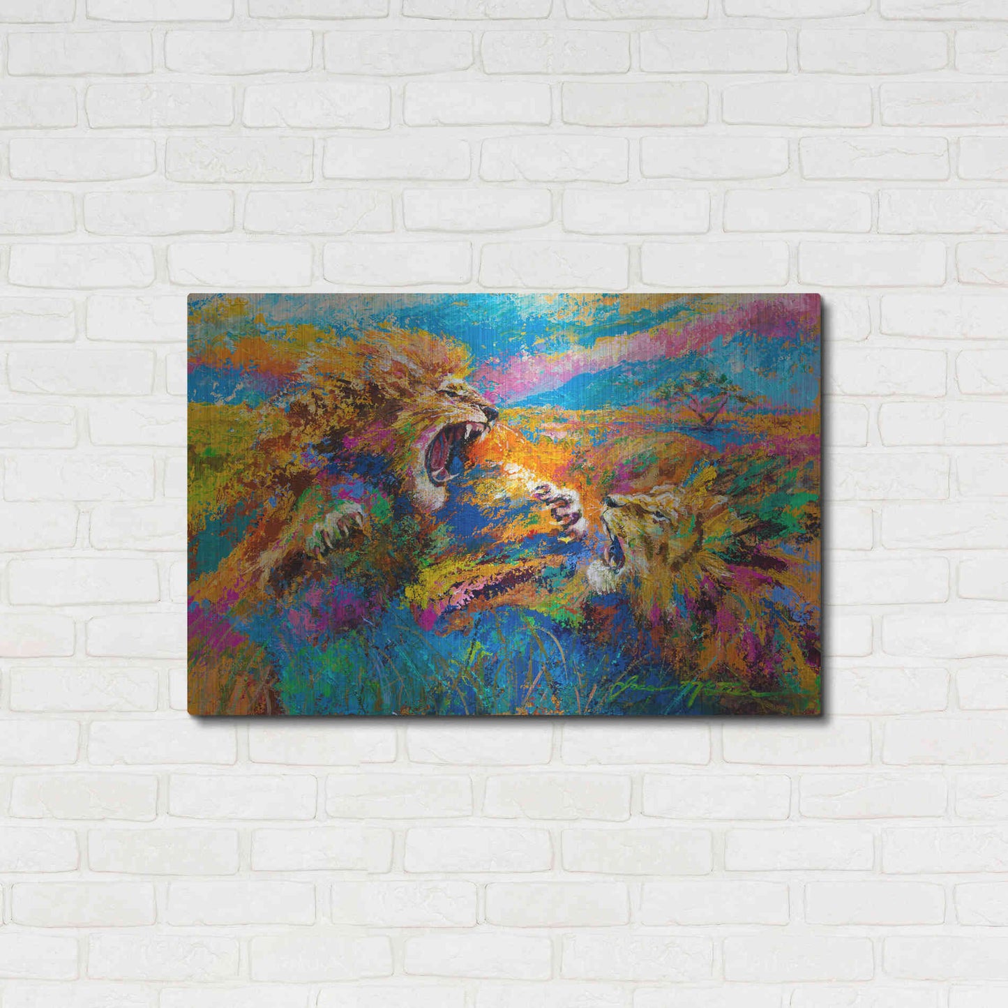 Luxe Metal Art 'Pride Fight in the Savanna African Lions' by Jace D McTier, Metal Wall Art,36x24