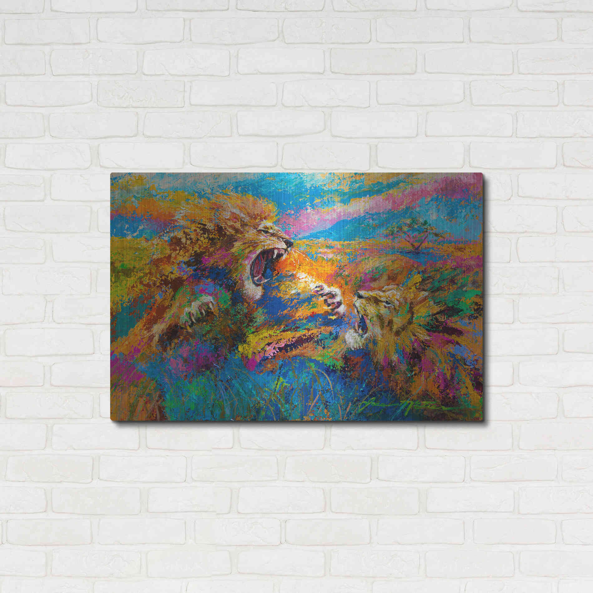 Luxe Metal Art 'Pride Fight in the Savanna African Lions' by Jace D McTier, Metal Wall Art,36x24